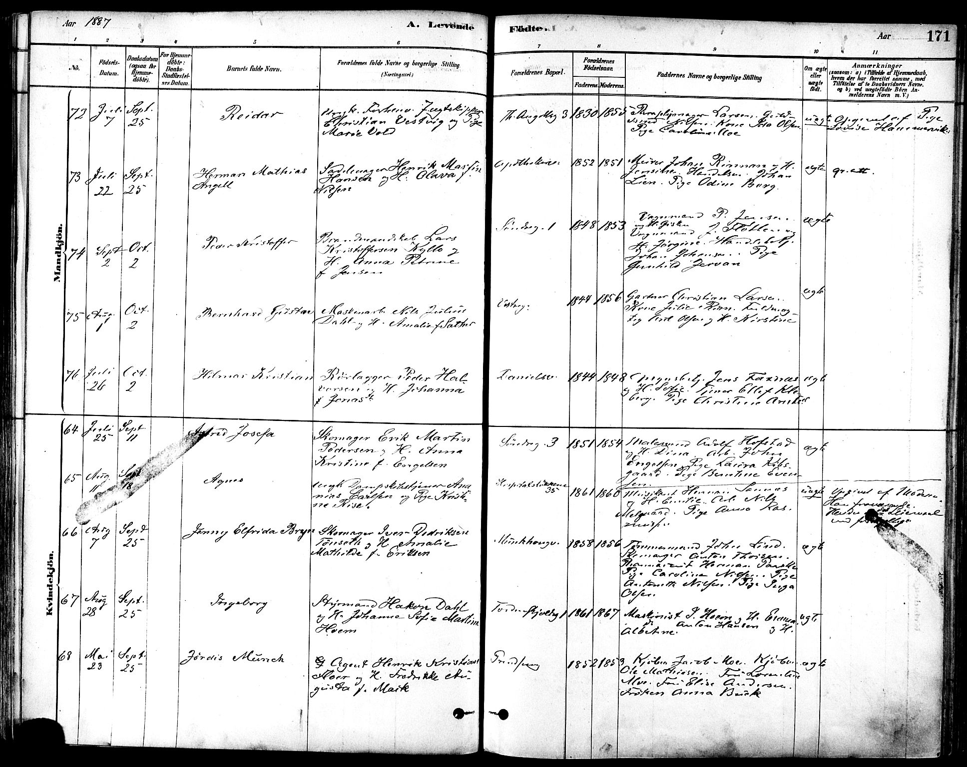 Ministerialprotokoller, klokkerbøker og fødselsregistre - Sør-Trøndelag, AV/SAT-A-1456/601/L0057: Parish register (official) no. 601A25, 1877-1891, p. 171