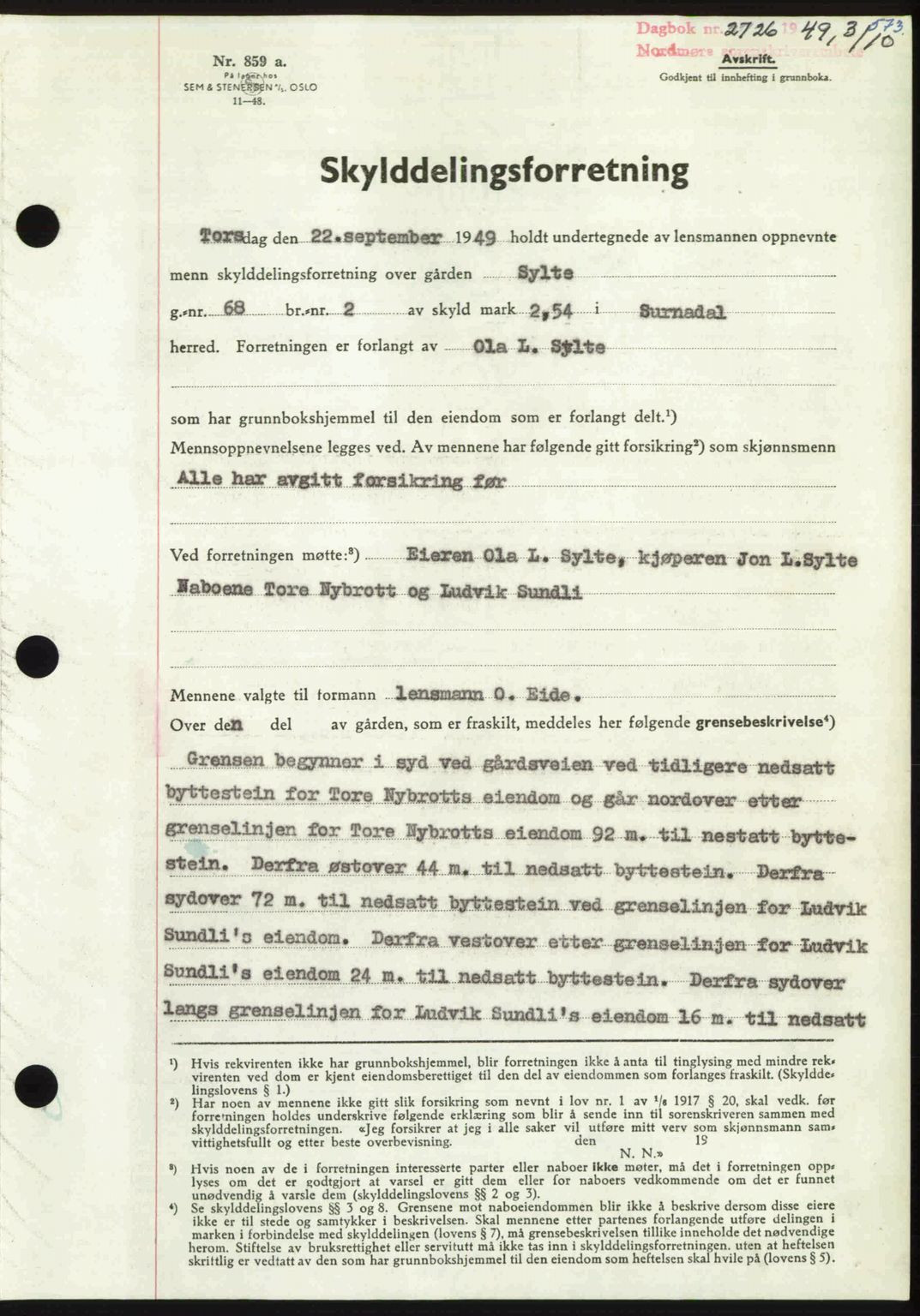 Nordmøre sorenskriveri, AV/SAT-A-4132/1/2/2Ca: Mortgage book no. A112, 1949-1949, Diary no: : 2726/1949