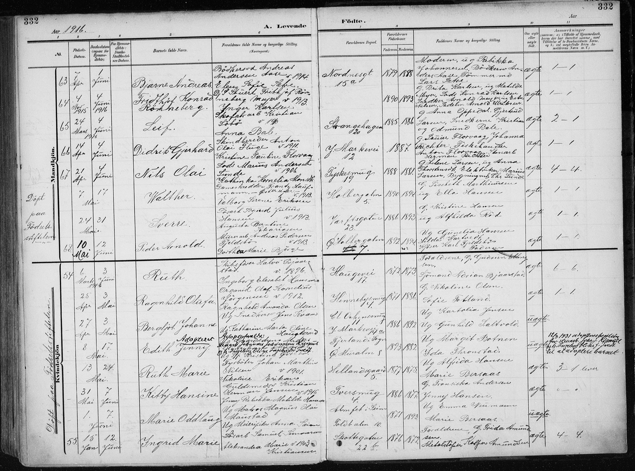 Nykirken Sokneprestembete, AV/SAB-A-77101/H/Haa/L0019: Parish register (official) no. B 7, 1904-1916, p. 332