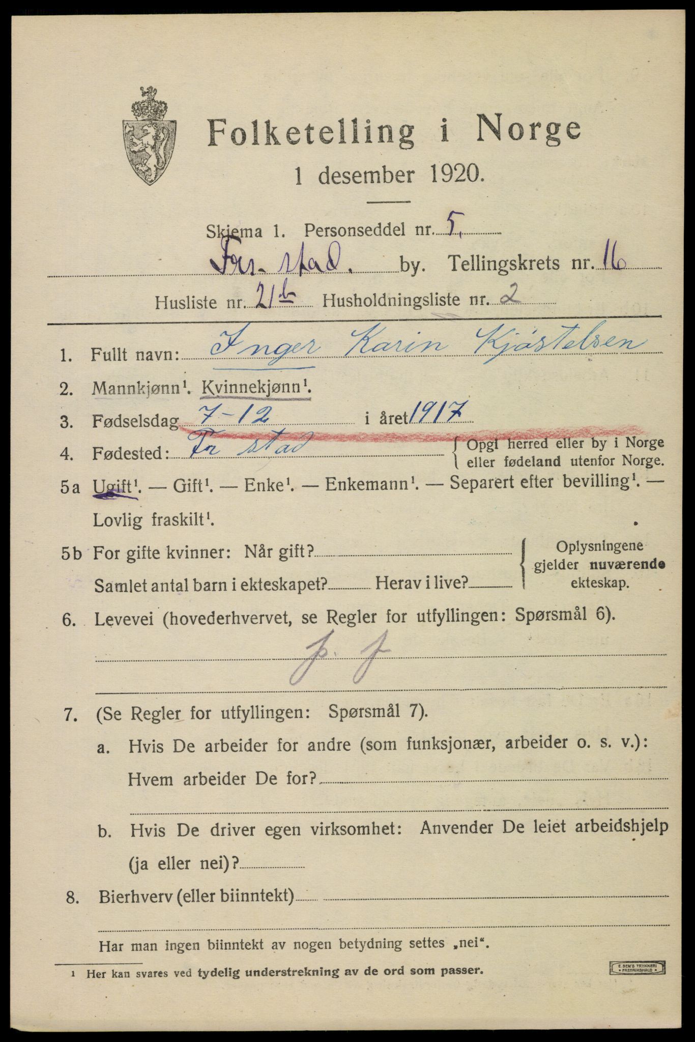 SAO, 1920 census for Fredrikstad, 1920, p. 37433