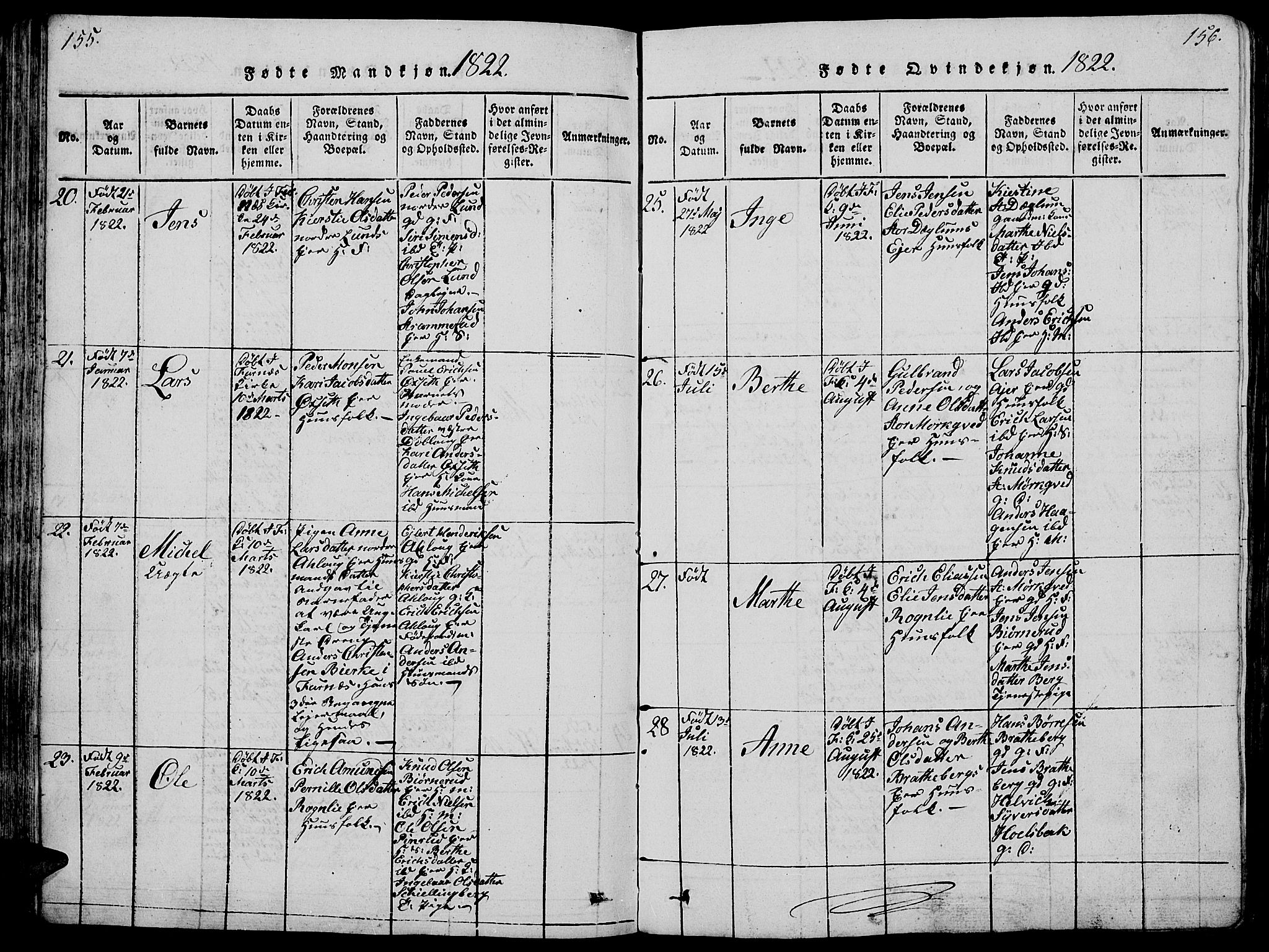 Vang prestekontor, Hedmark, AV/SAH-PREST-008/H/Ha/Hab/L0005: Parish register (copy) no. 5, 1815-1836, p. 155-156