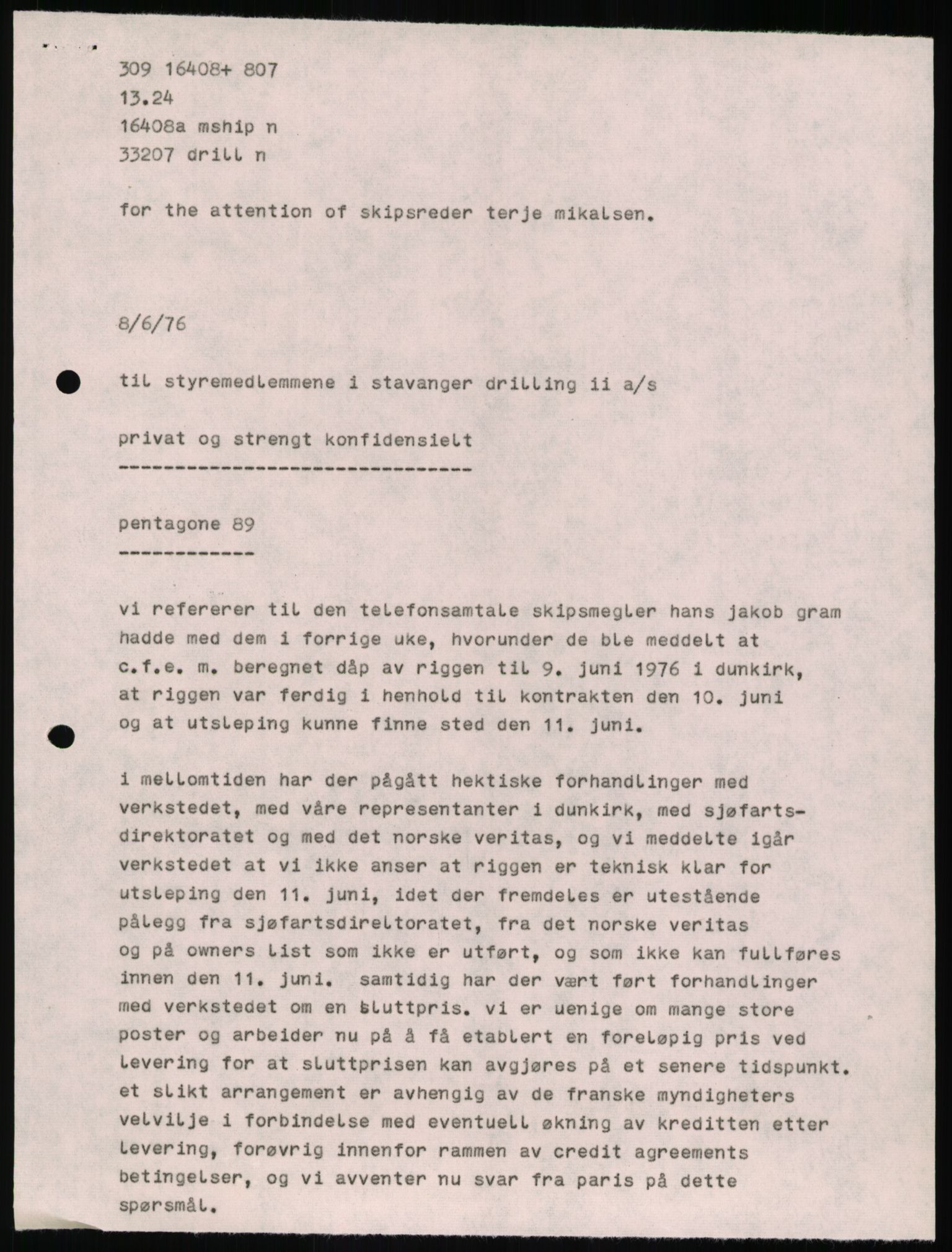 Pa 1503 - Stavanger Drilling AS, SAST/A-101906/A/Ab/Abc/L0006: Styrekorrespondanse Stavanger Drilling II A/S, 1974-1977, p. 183