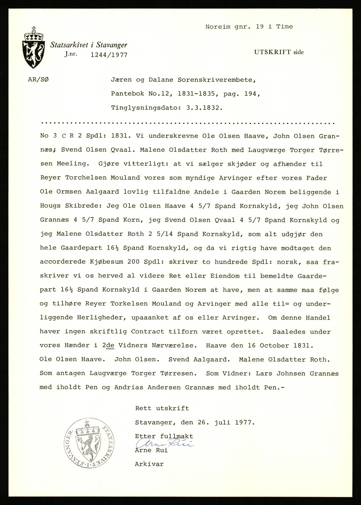 Statsarkivet i Stavanger, SAST/A-101971/03/Y/Yj/L0064: Avskrifter sortert etter gårdsnavn: Noreim - Odland i Bjerkreim, 1750-1930, p. 131