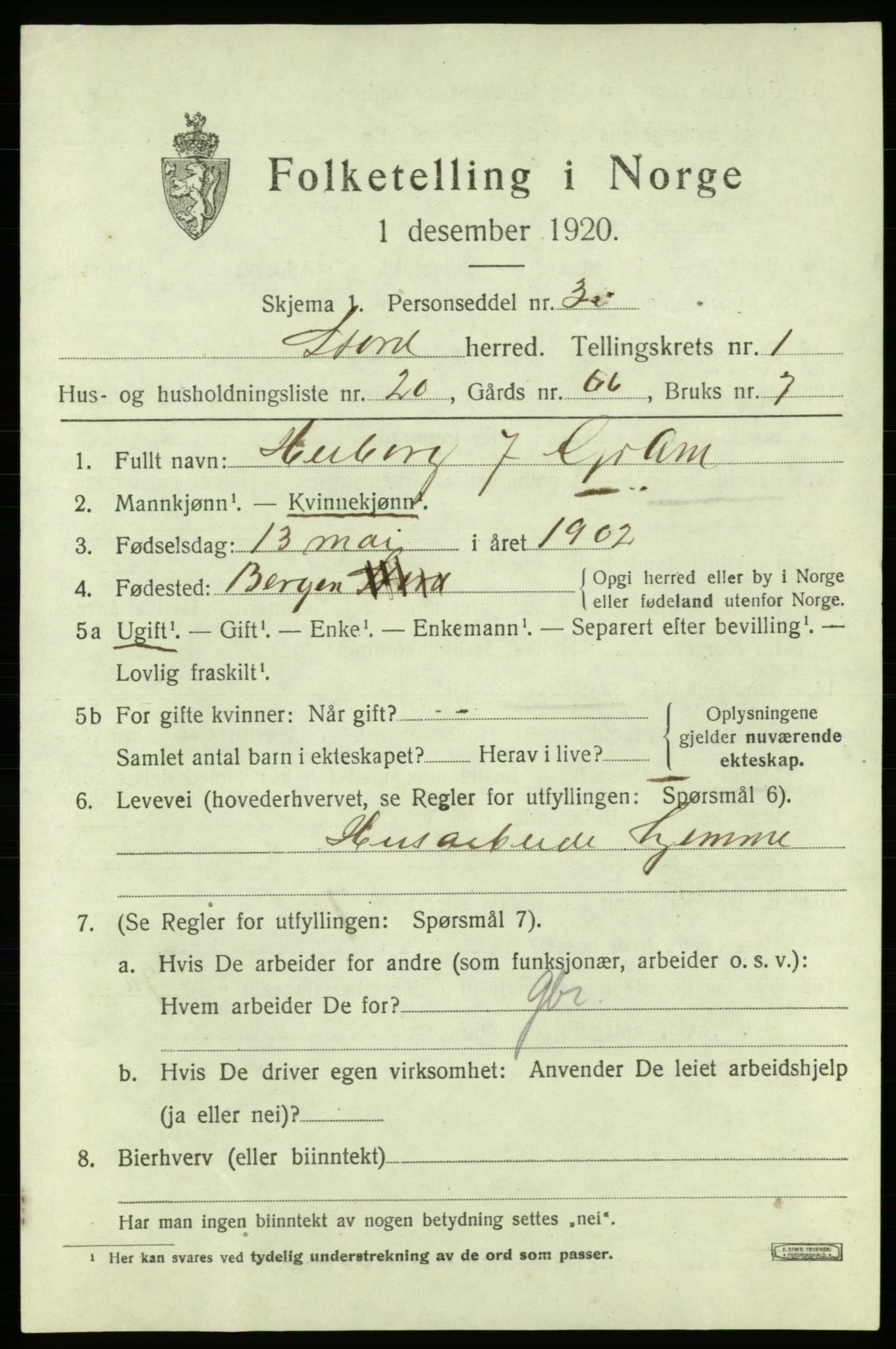 SAB, 1920 census for Stord, 1920, p. 1469