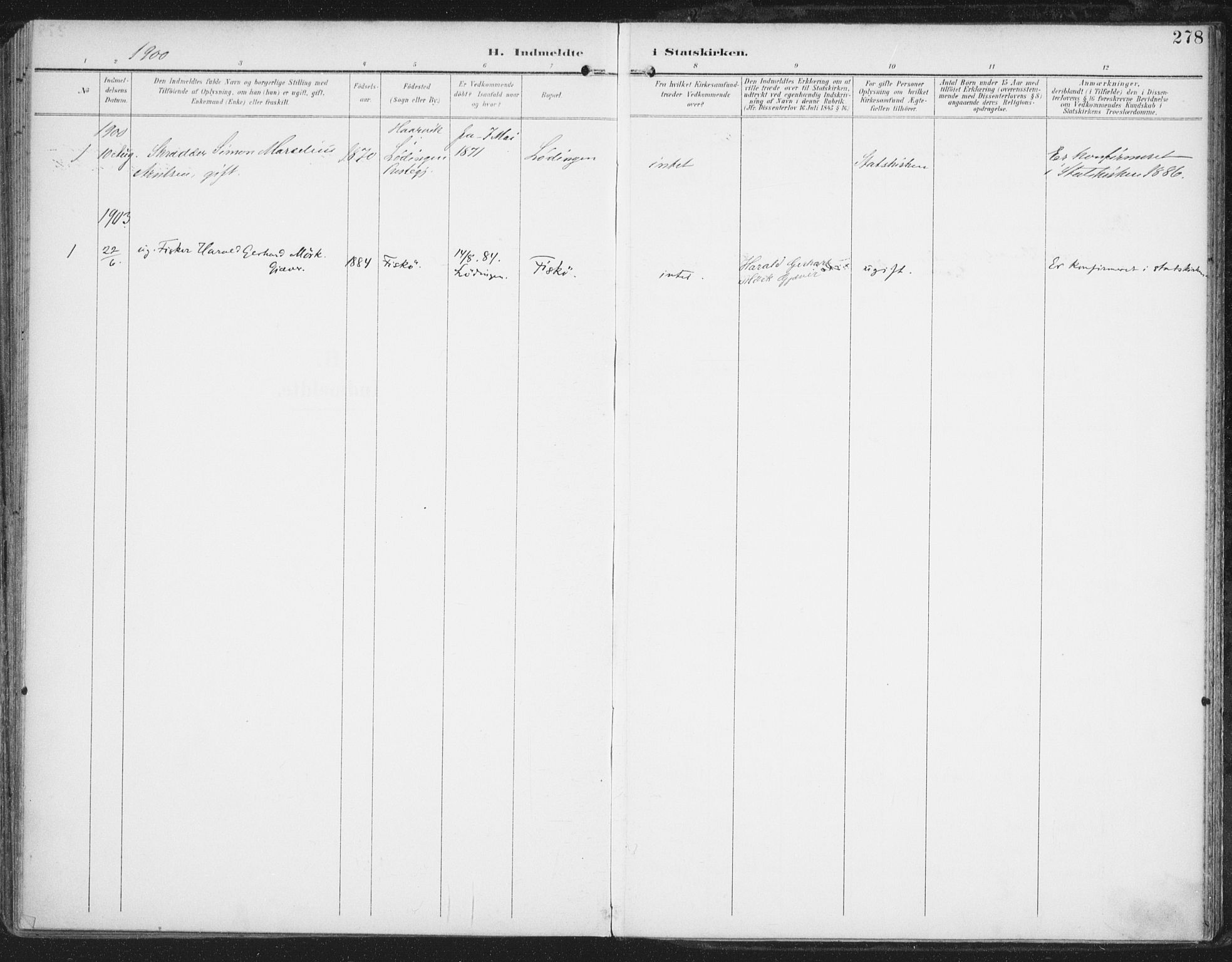 Ministerialprotokoller, klokkerbøker og fødselsregistre - Nordland, SAT/A-1459/872/L1036: Parish register (official) no. 872A11, 1897-1913, p. 278