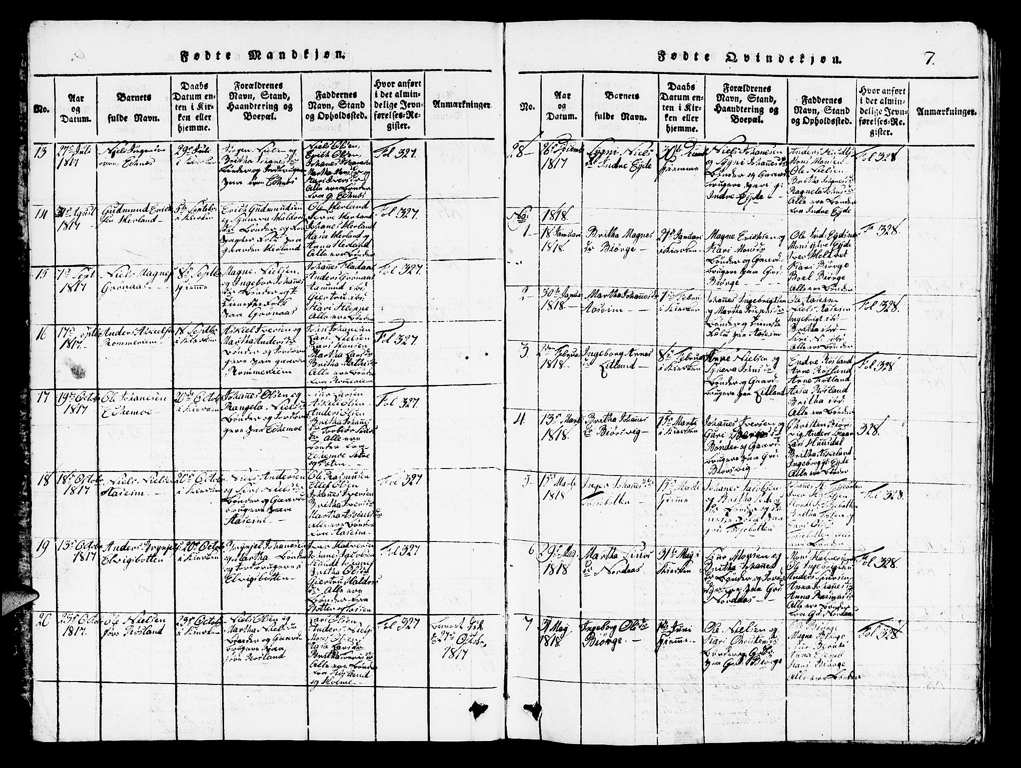 Hosanger sokneprestembete, AV/SAB-A-75801/H/Hab: Parish register (copy) no. A 1 /1, 1816-1856, p. 7