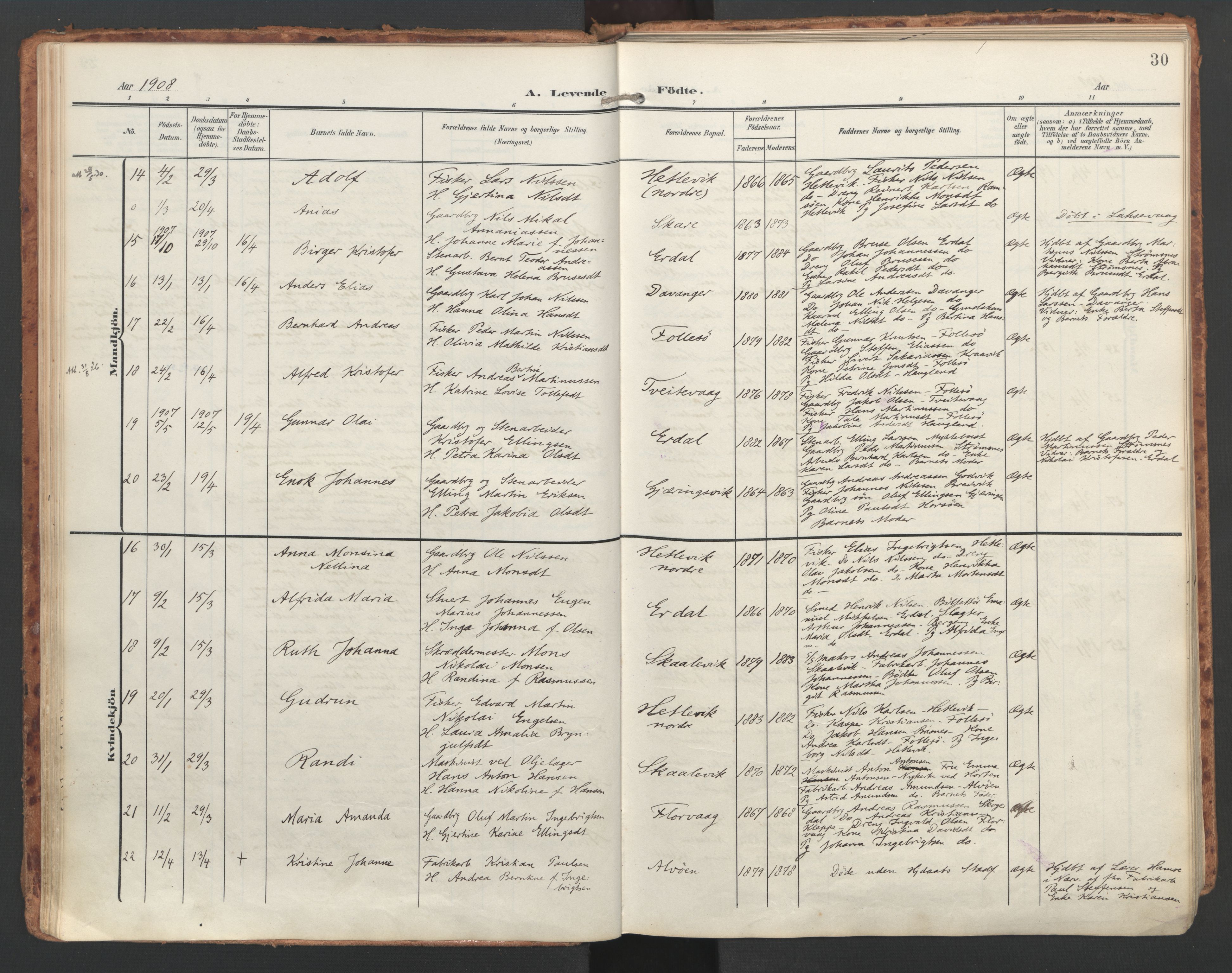 Askøy Sokneprestembete, AV/SAB-A-74101/H/Ha/Haa/Haac/L0002: Parish register (official) no. C 2, 1905-1922, p. 30