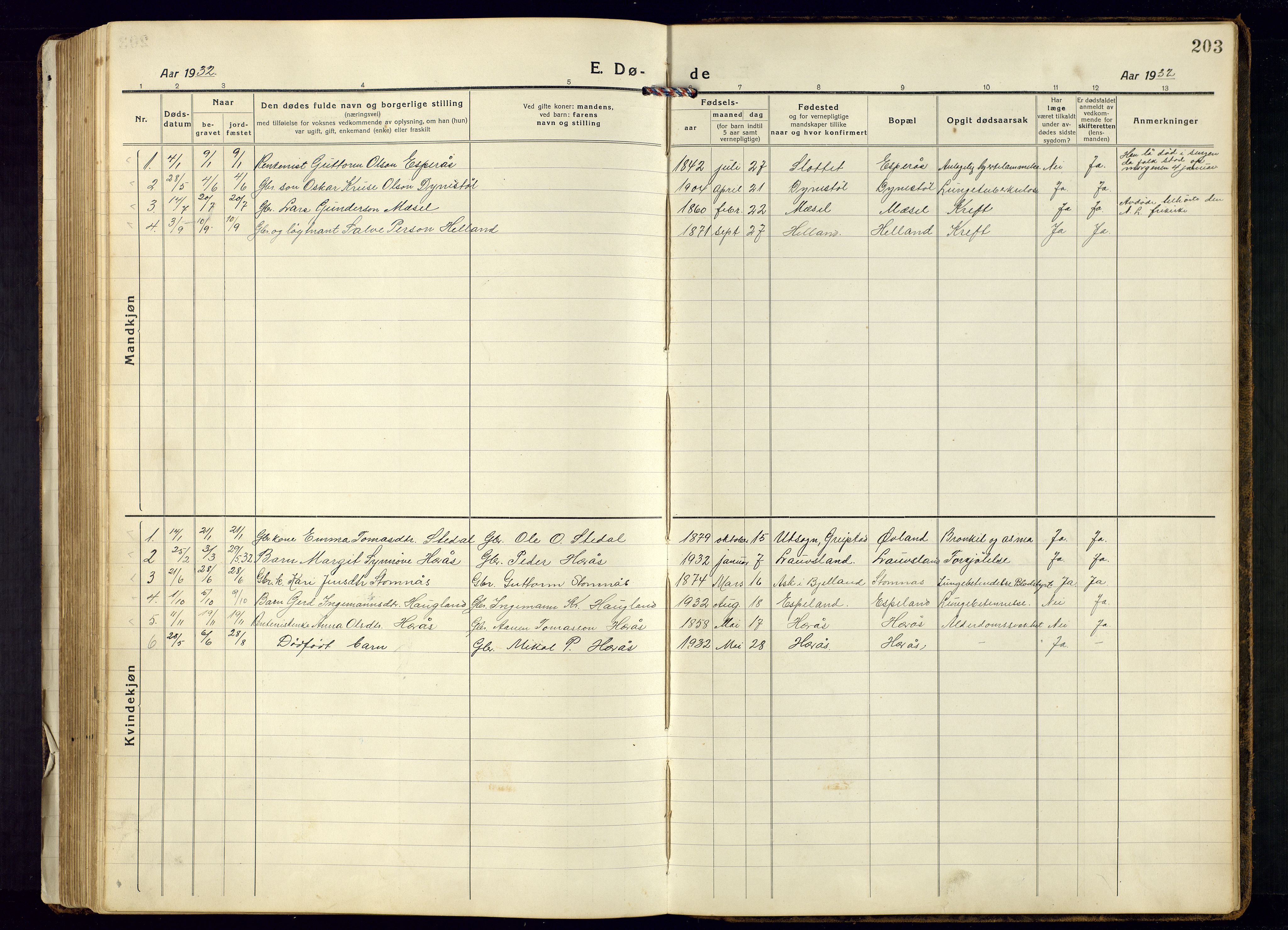 Bjelland sokneprestkontor, SAK/1111-0005/F/Fb/Fbb/L0006: Parish register (copy) no. B-6, 1918-1946, p. 203