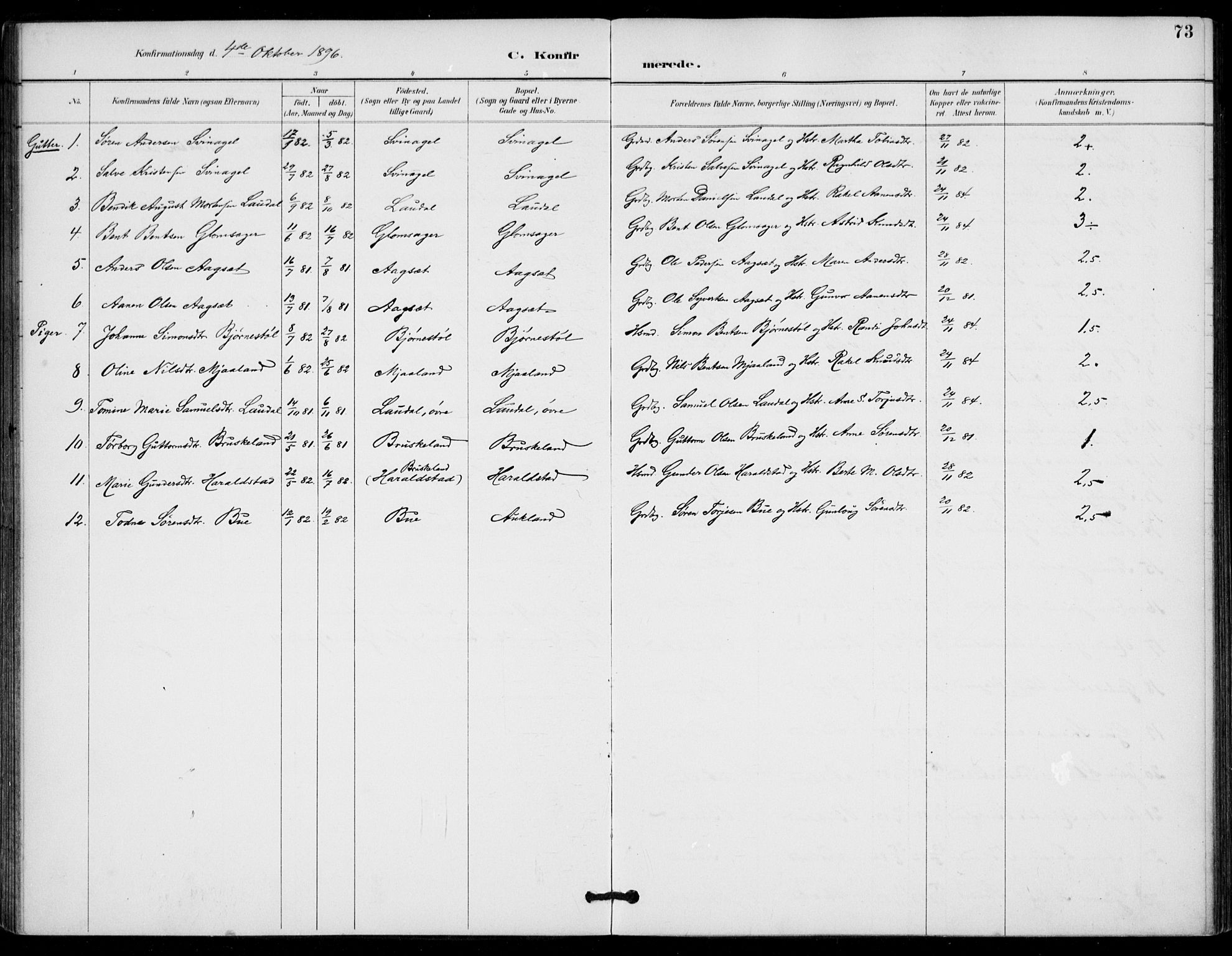 Holum sokneprestkontor, AV/SAK-1111-0022/F/Fa/Fab/L0007: Parish register (official) no. A 7, 1887-1912, p. 73