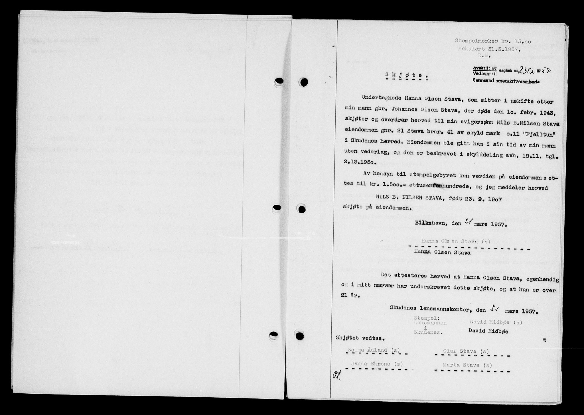 Karmsund sorenskriveri, AV/SAST-A-100311/01/II/IIB/L0125: Mortgage book no. 105A, 1957-1957, Diary no: : 2382/1957