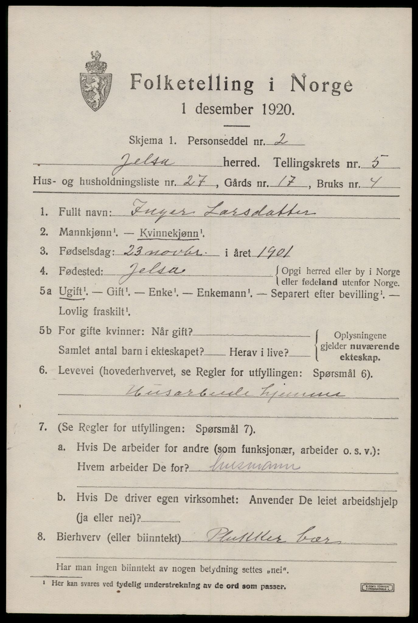 SAST, 1920 census for Jelsa, 1920, p. 1648