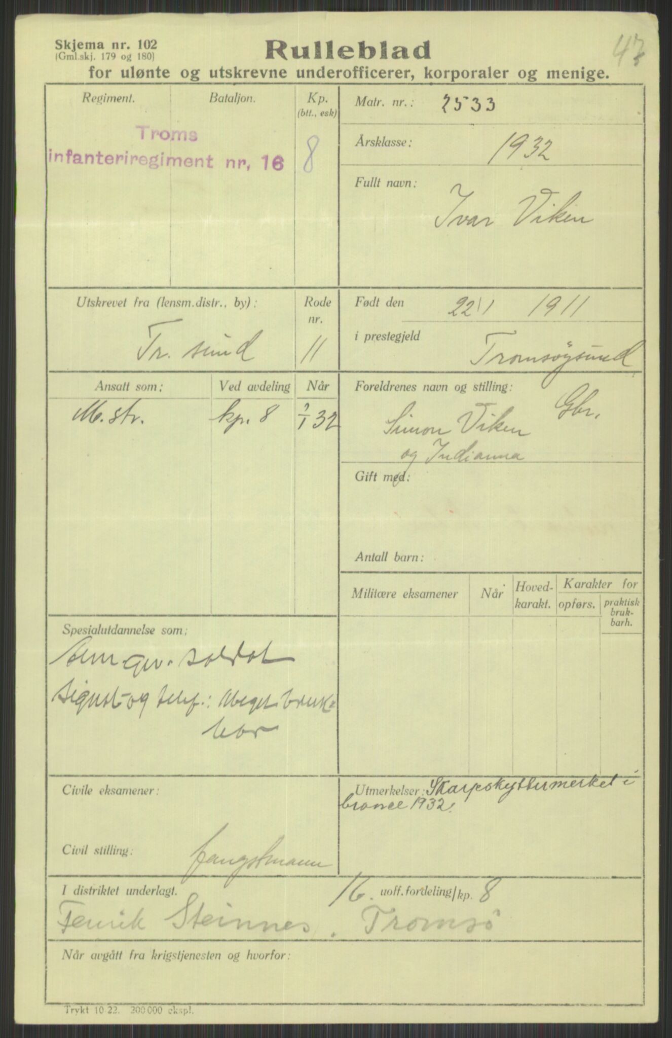 Forsvaret, Troms infanteriregiment nr. 16, AV/RA-RAFA-3146/P/Pa/L0016: Rulleblad for regimentets menige mannskaper, årsklasse 1932, 1932, p. 1607