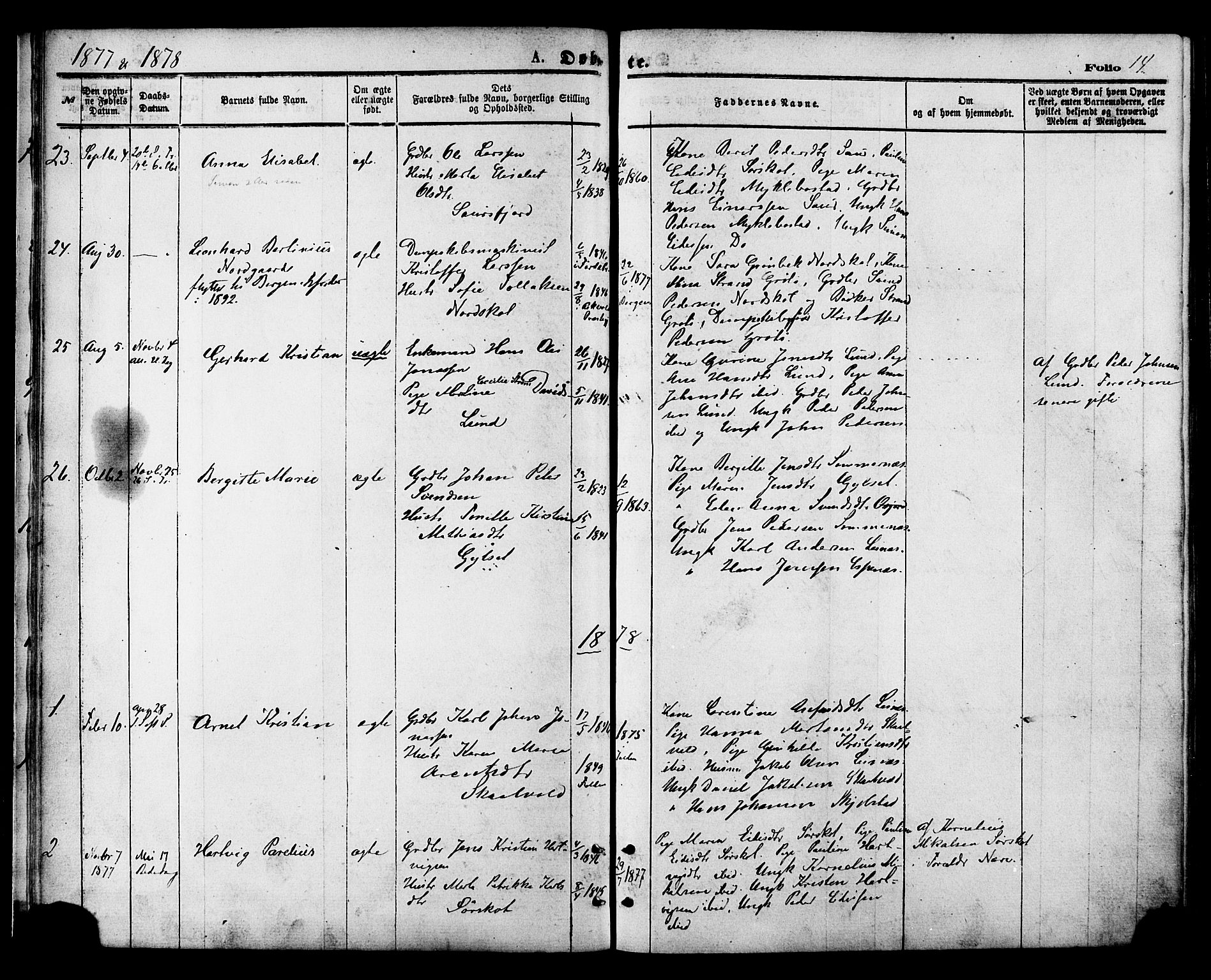 Ministerialprotokoller, klokkerbøker og fødselsregistre - Nordland, AV/SAT-A-1459/857/L0821: Parish register (official) no. 857A01, 1875-1889, p. 14