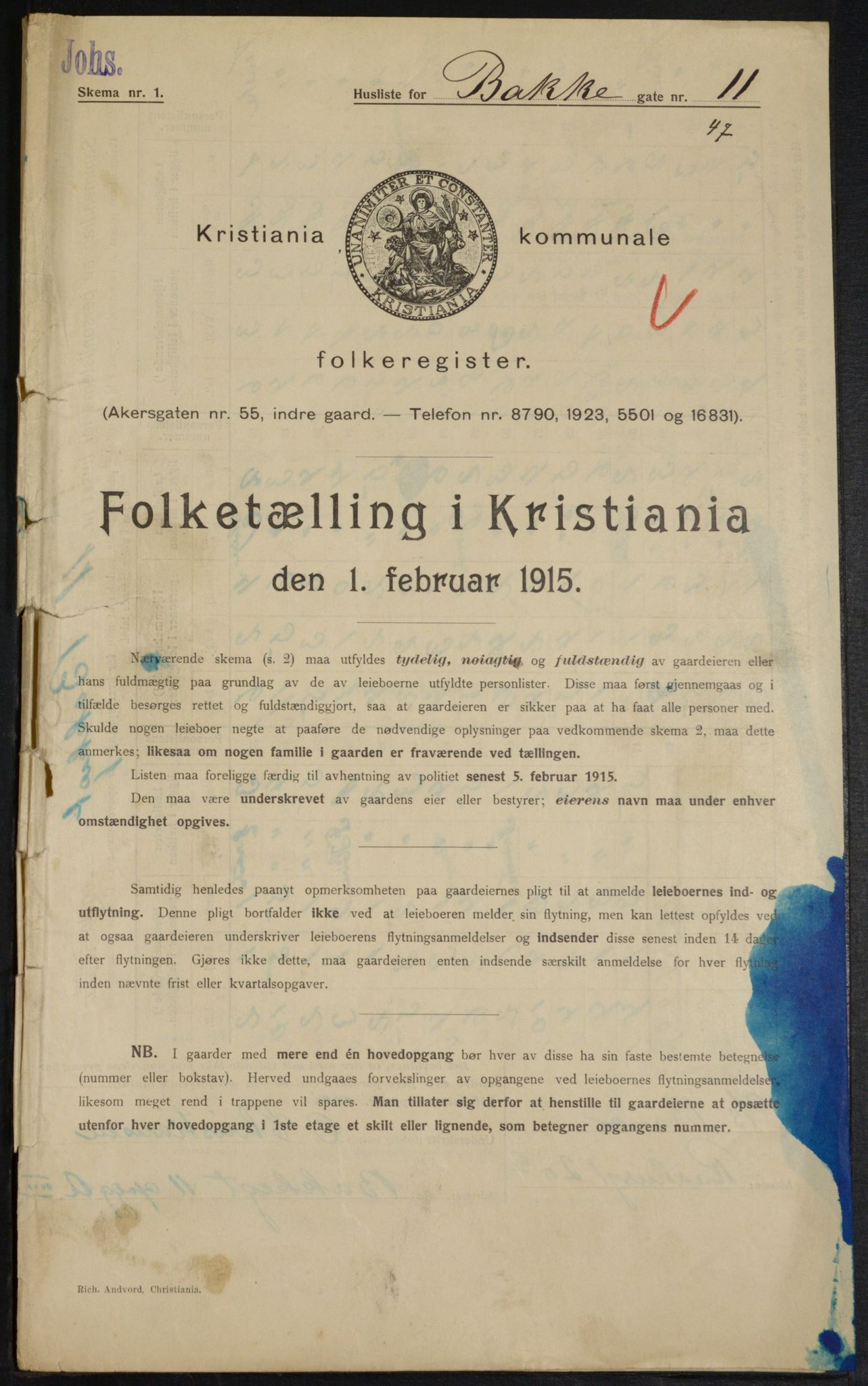 OBA, Municipal Census 1915 for Kristiania, 1915, p. 2710