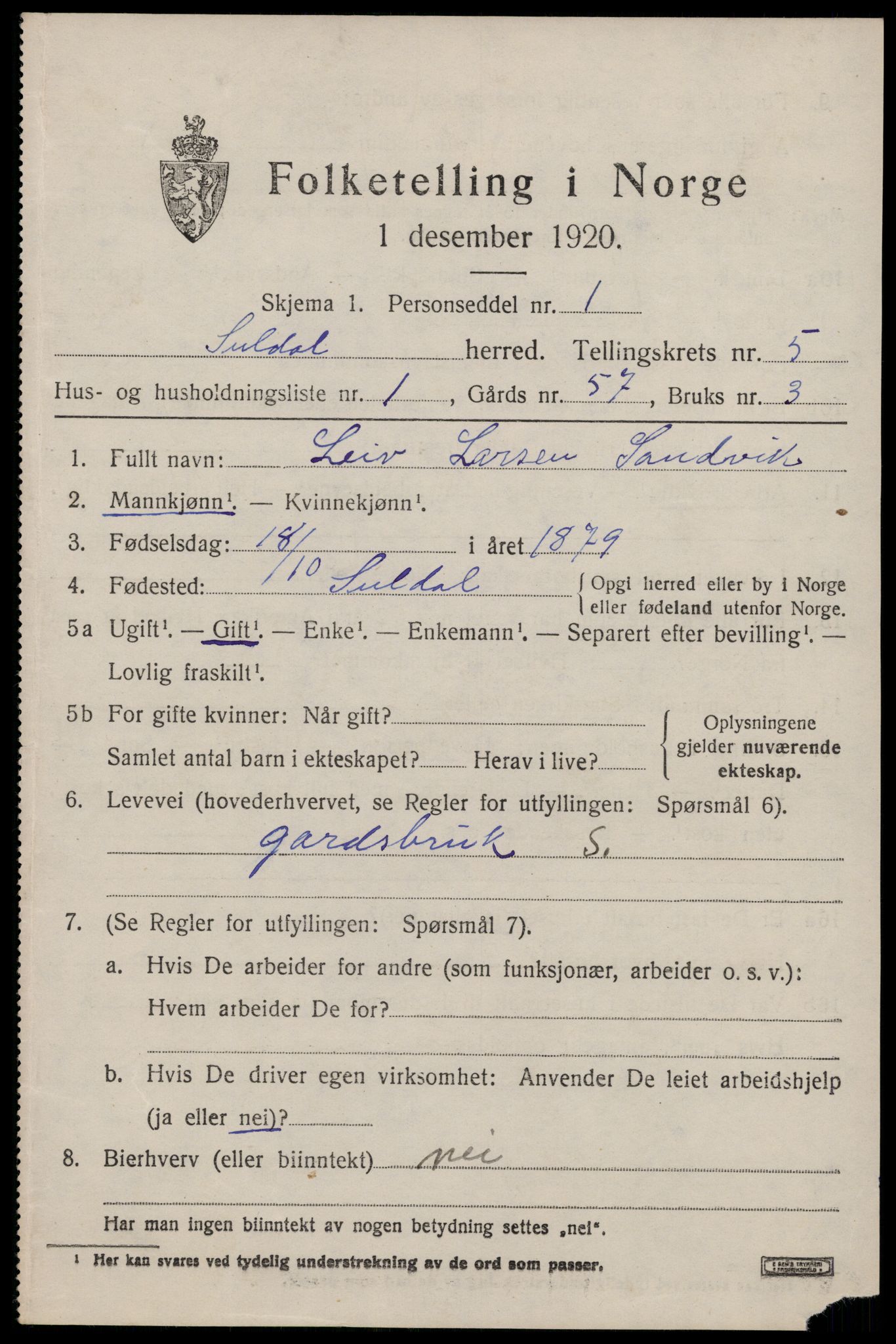 SAST, 1920 census for Suldal, 1920, p. 1336