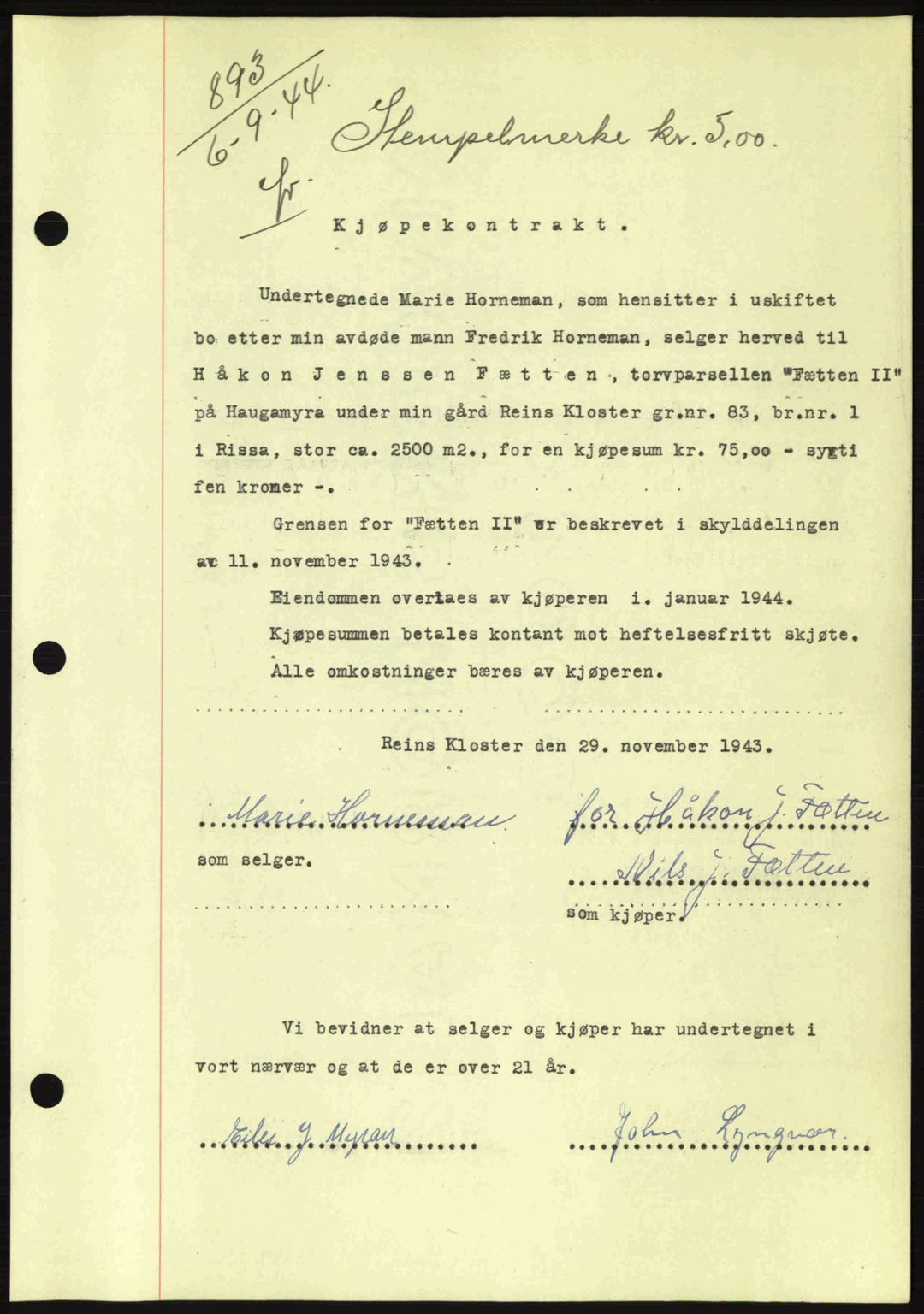 Fosen sorenskriveri, AV/SAT-A-1107/1/2/2C: Mortgage book no. A3, 1943-1945, Diary no: : 893/1944