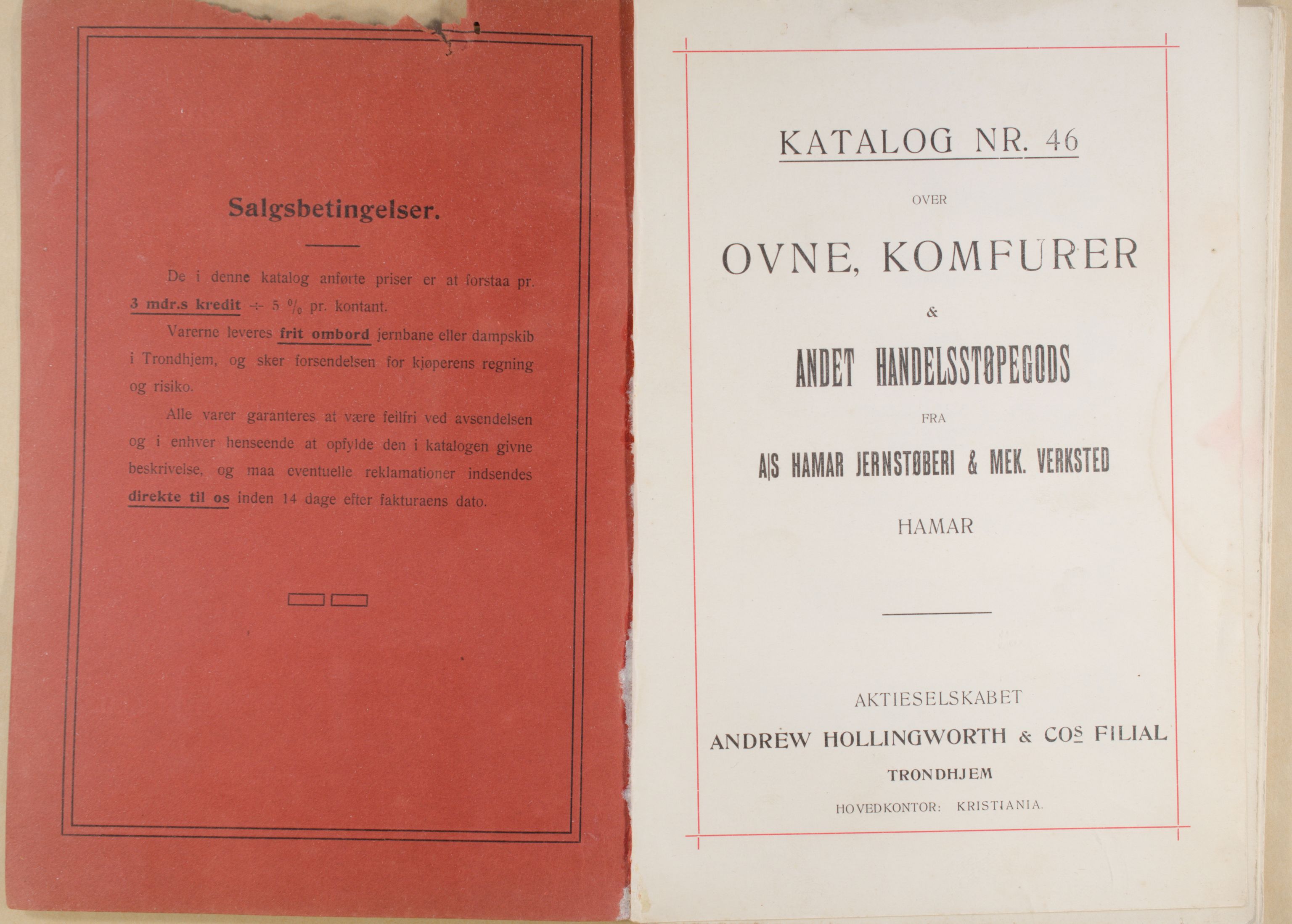 Næs Jernverksmuseets samling av historiske ovnskataloger, NESJ/NJM-006/01/L0003: Hamar Jernstøberi & Mek. Verksted, katalog nr. 46, 1912