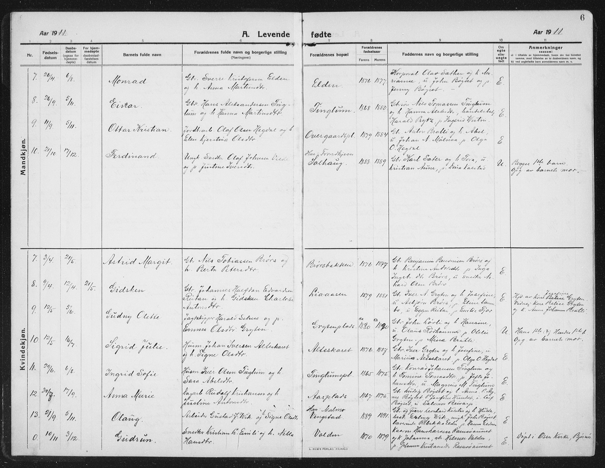 Ministerialprotokoller, klokkerbøker og fødselsregistre - Nord-Trøndelag, AV/SAT-A-1458/742/L0413: Parish register (copy) no. 742C04, 1911-1938, p. 6