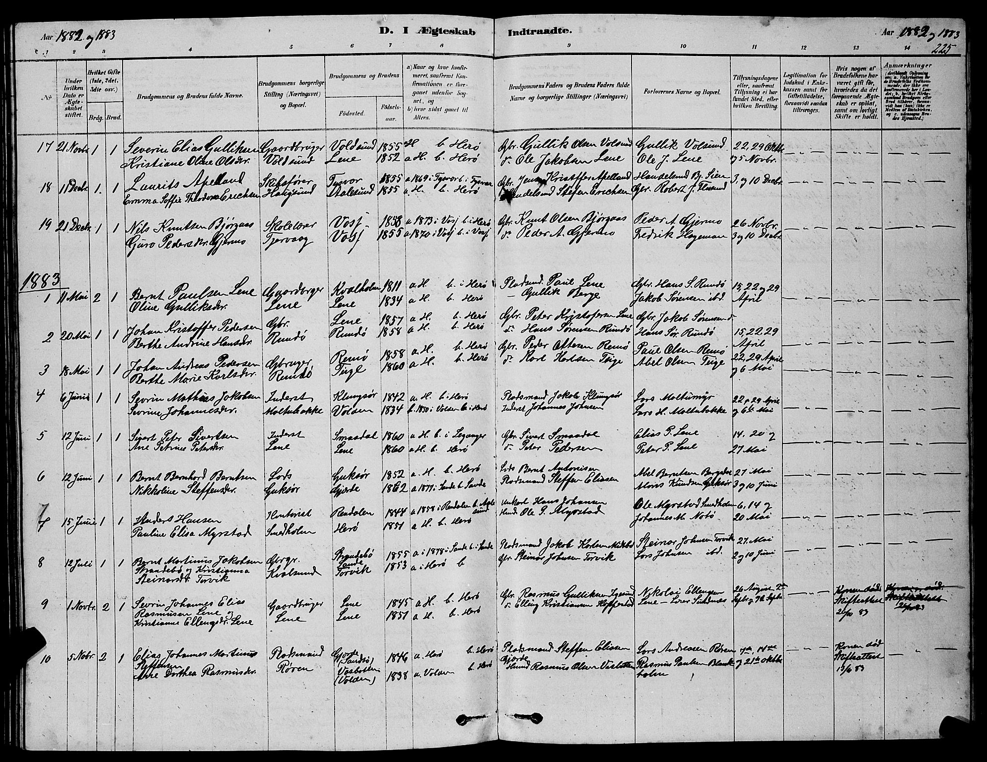 Ministerialprotokoller, klokkerbøker og fødselsregistre - Møre og Romsdal, AV/SAT-A-1454/507/L0081: Parish register (copy) no. 507C04, 1878-1898, p. 225