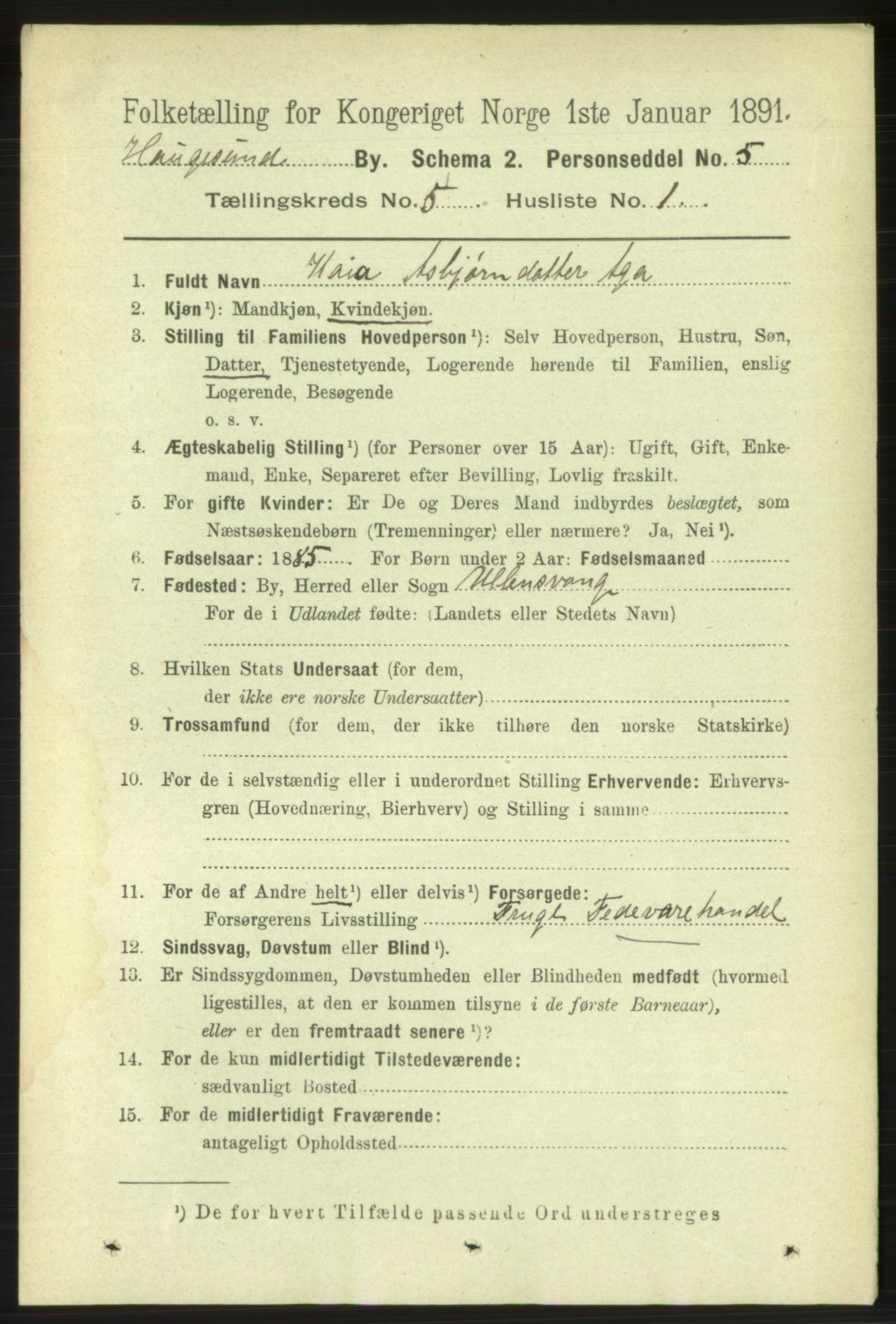 RA, 1891 census for 1106 Haugesund, 1891, p. 1937