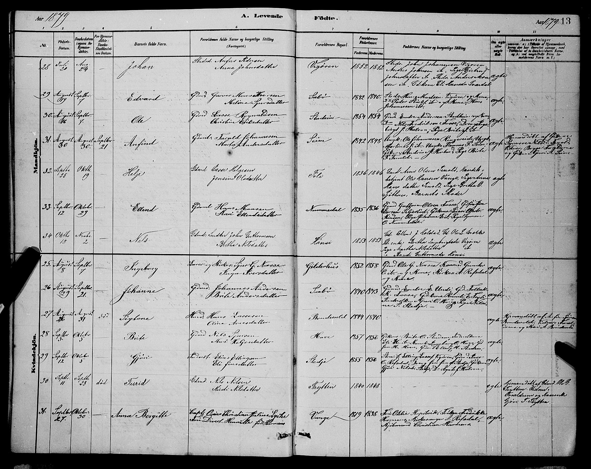 Vik sokneprestembete, SAB/A-81501: Parish register (copy) no. A 3, 1878-1894, p. 13