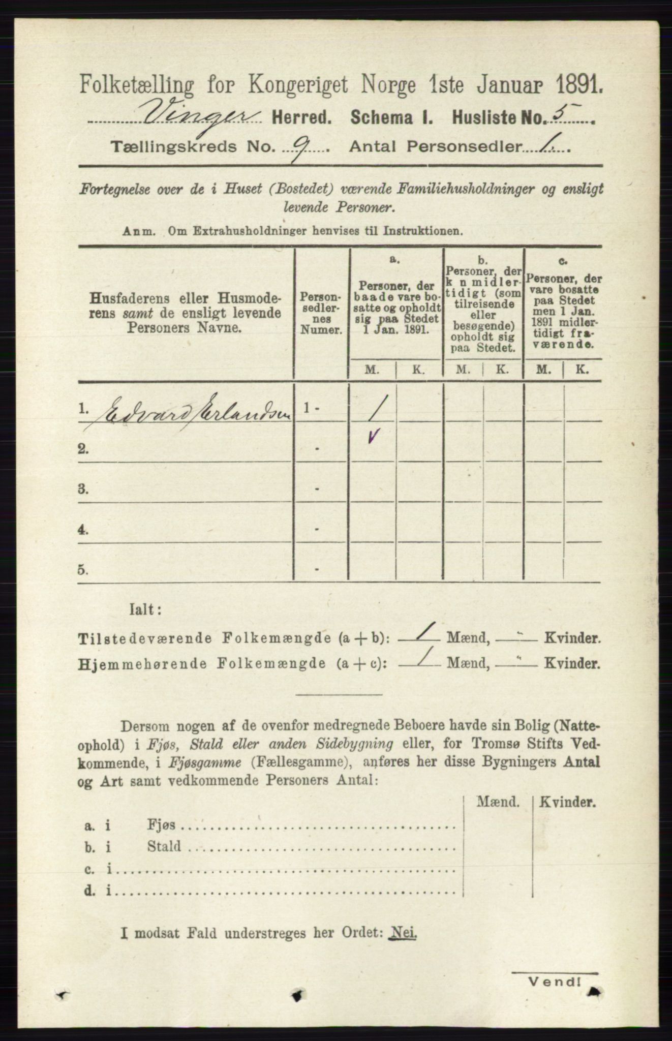 RA, 1891 census for 0421 Vinger, 1891, p. 4287