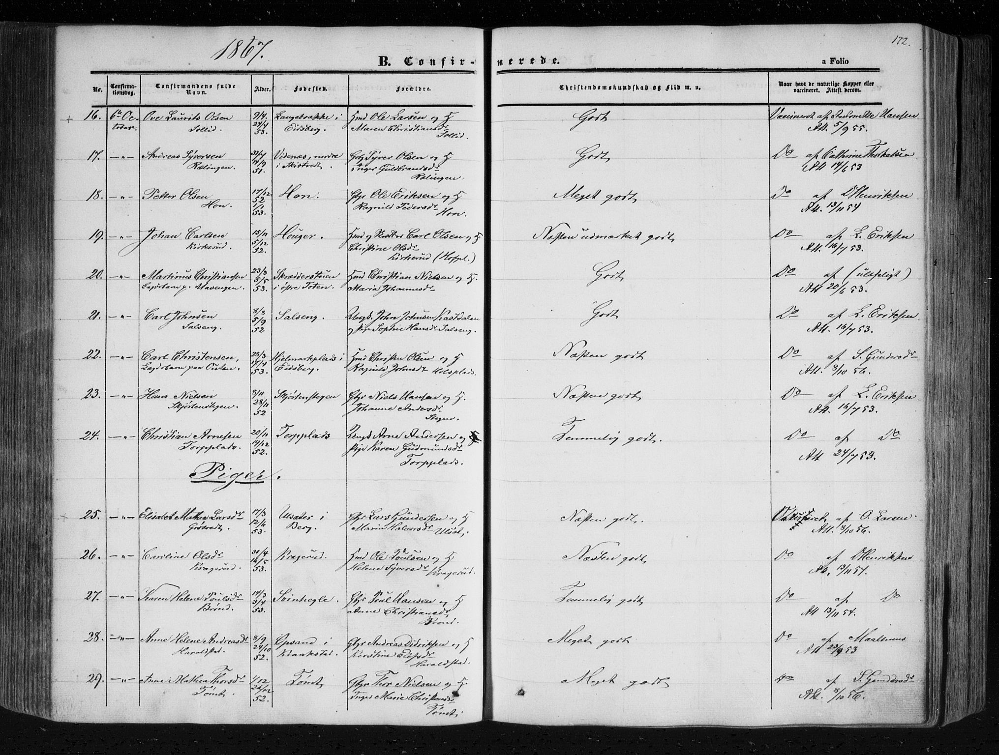 Askim prestekontor Kirkebøker, AV/SAO-A-10900/F/Fa/L0005: Parish register (official) no. 5, 1847-1879, p. 172