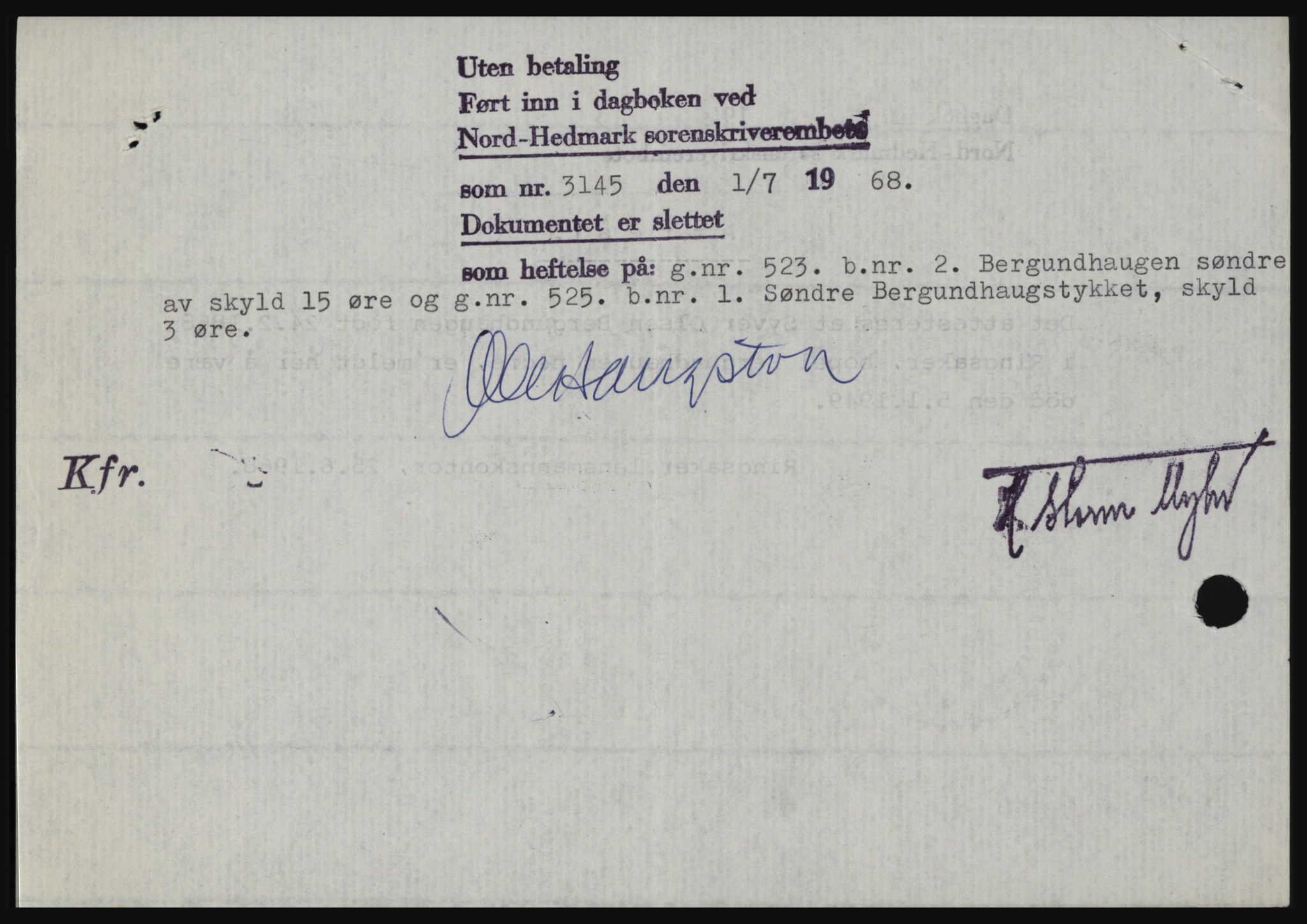 Nord-Hedmark sorenskriveri, AV/SAH-TING-012/H/Hc/L0028: Mortgage book no. 28, 1968-1968, Diary no: : 3145/1968