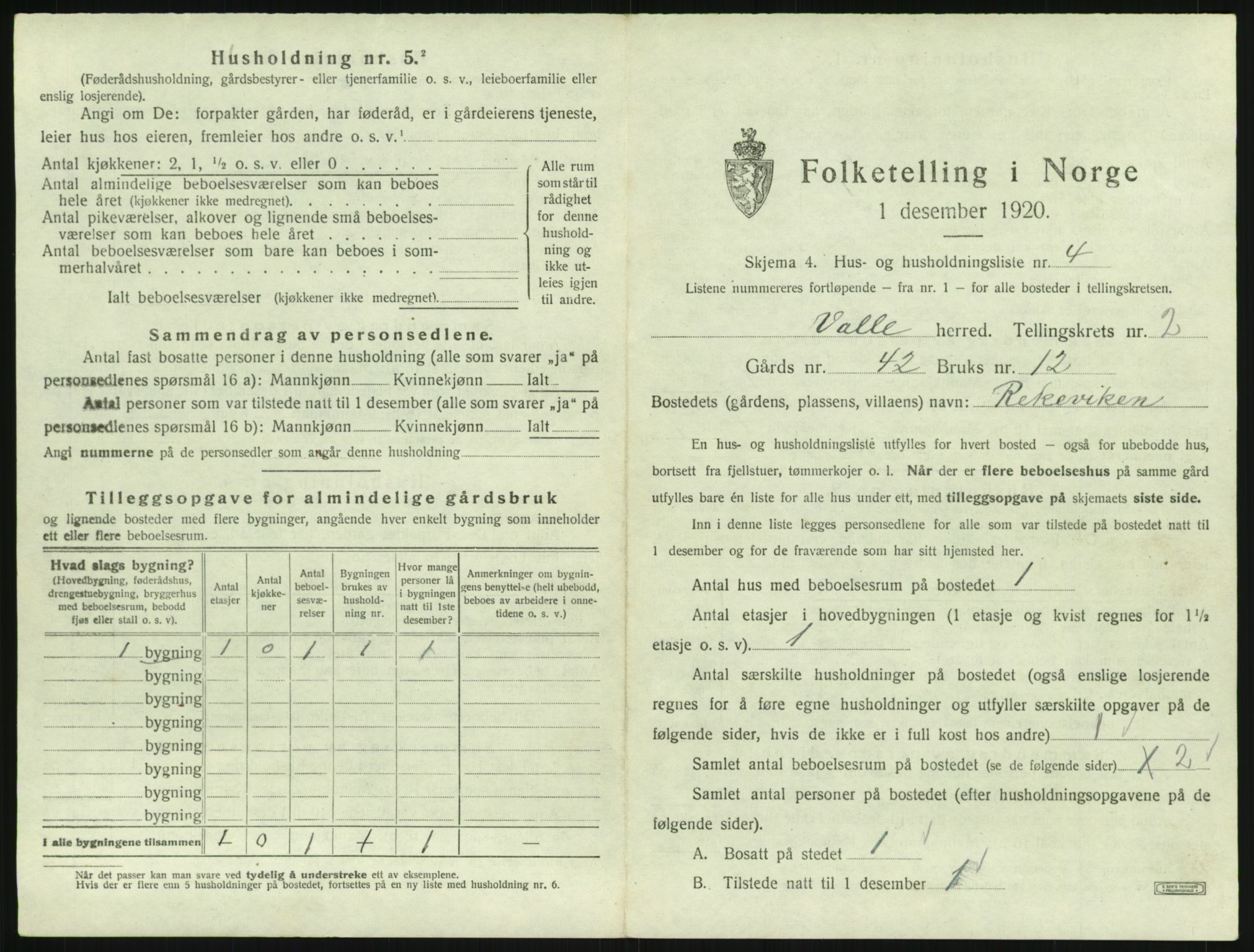 SAK, 1920 census for Valle, 1920, p. 123