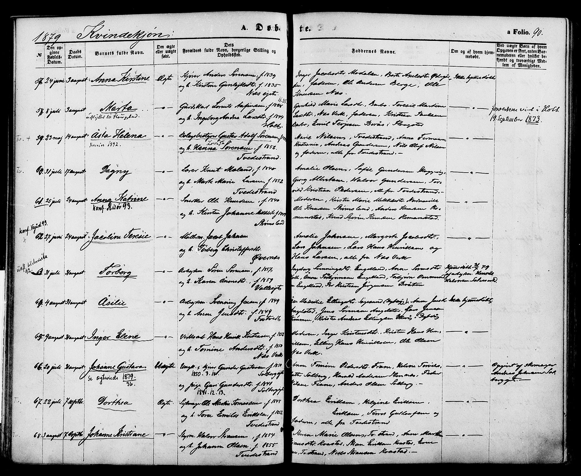 Holt sokneprestkontor, AV/SAK-1111-0021/F/Fa/L0010: Parish register (official) no. A 10, 1872-1885, p. 90