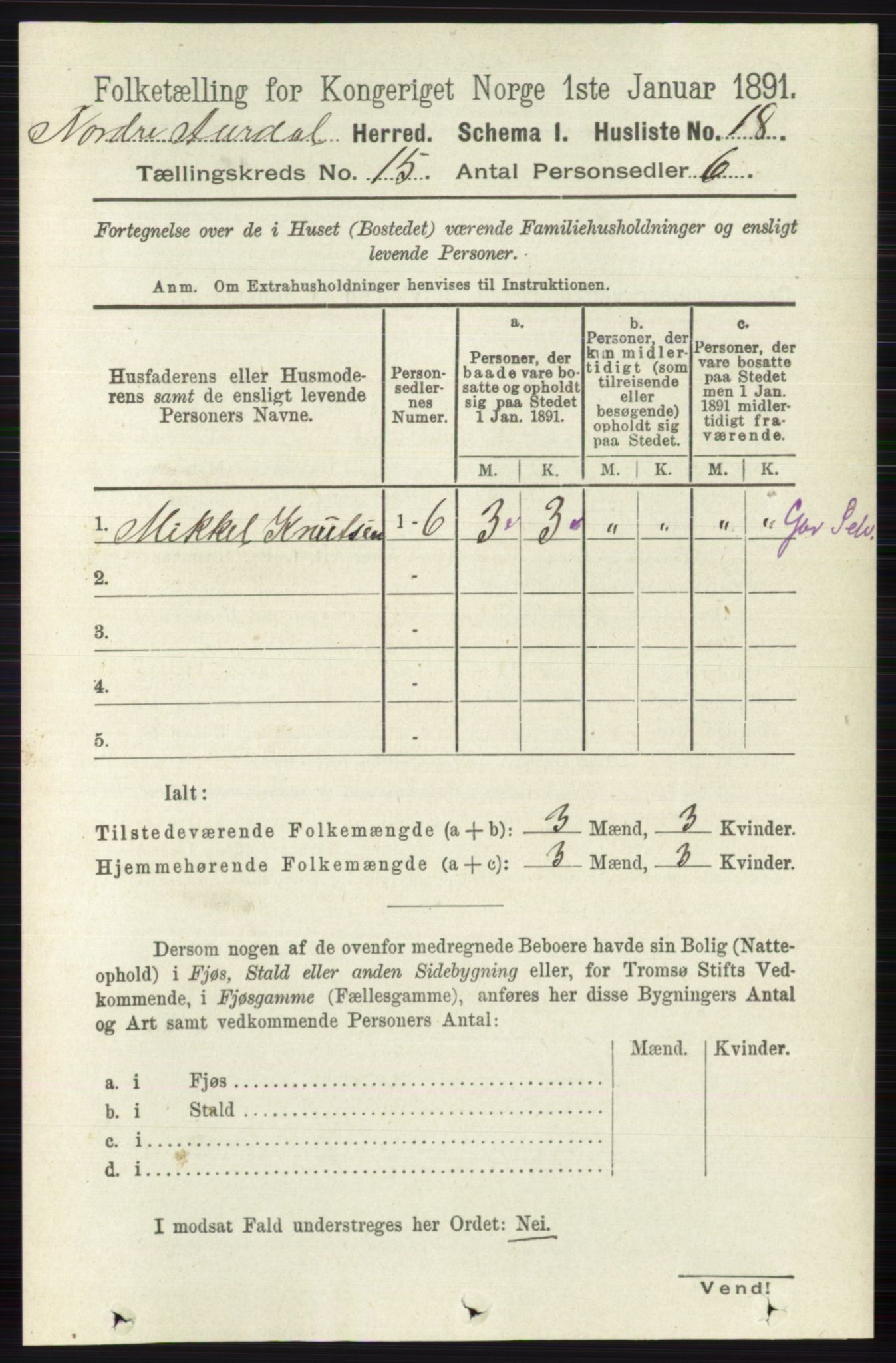 RA, 1891 census for 0542 Nord-Aurdal, 1891, p. 5687