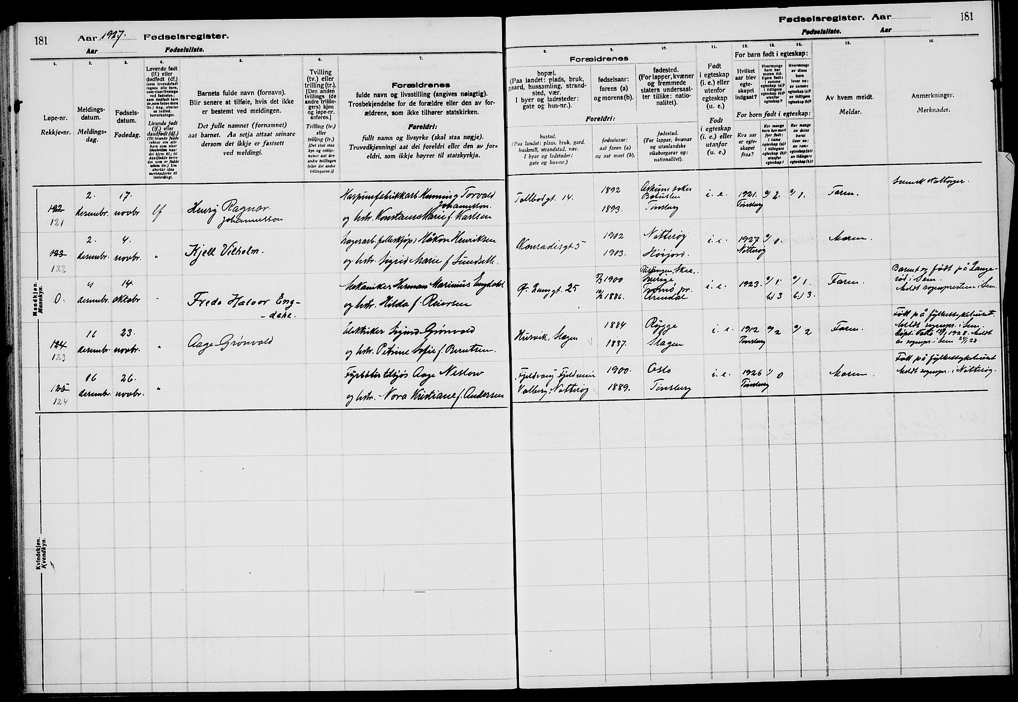 Tønsberg kirkebøker, AV/SAKO-A-330/J/Ja/L0002: Birth register no. 2, 1922-1928, p. 181