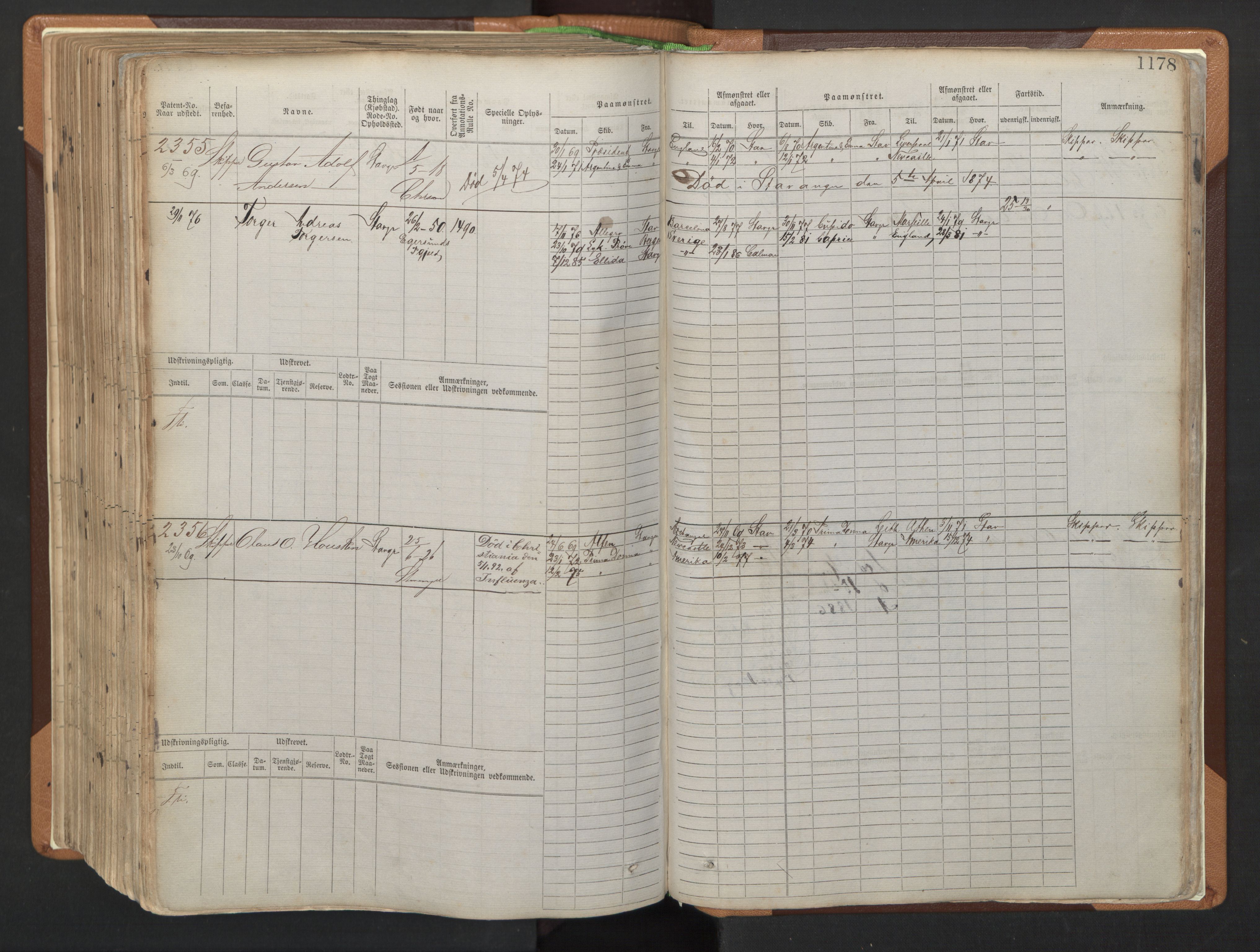 Stavanger sjømannskontor, AV/SAST-A-102006/F/Fb/Fbb/L0006: Sjøfartshovedrulle, patentnr. 1607-2402 (del 3), 1869-1880, p. 378