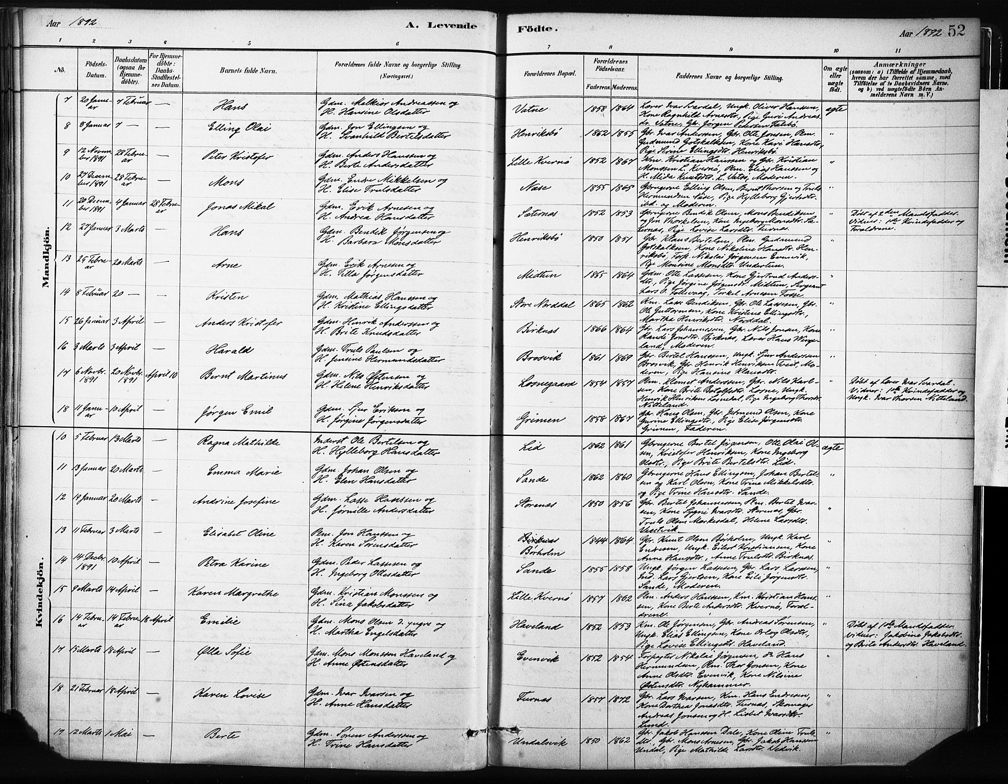 Gulen sokneprestembete, AV/SAB-A-80201/H/Haa/Haab/L0001: Parish register (official) no. B 1, 1881-1905, p. 52