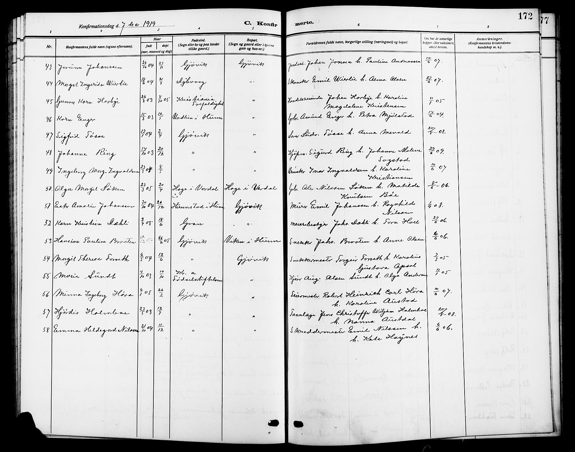 Vardal prestekontor, SAH/PREST-100/H/Ha/Hab/L0014: Parish register (copy) no. 14, 1911-1922, p. 172