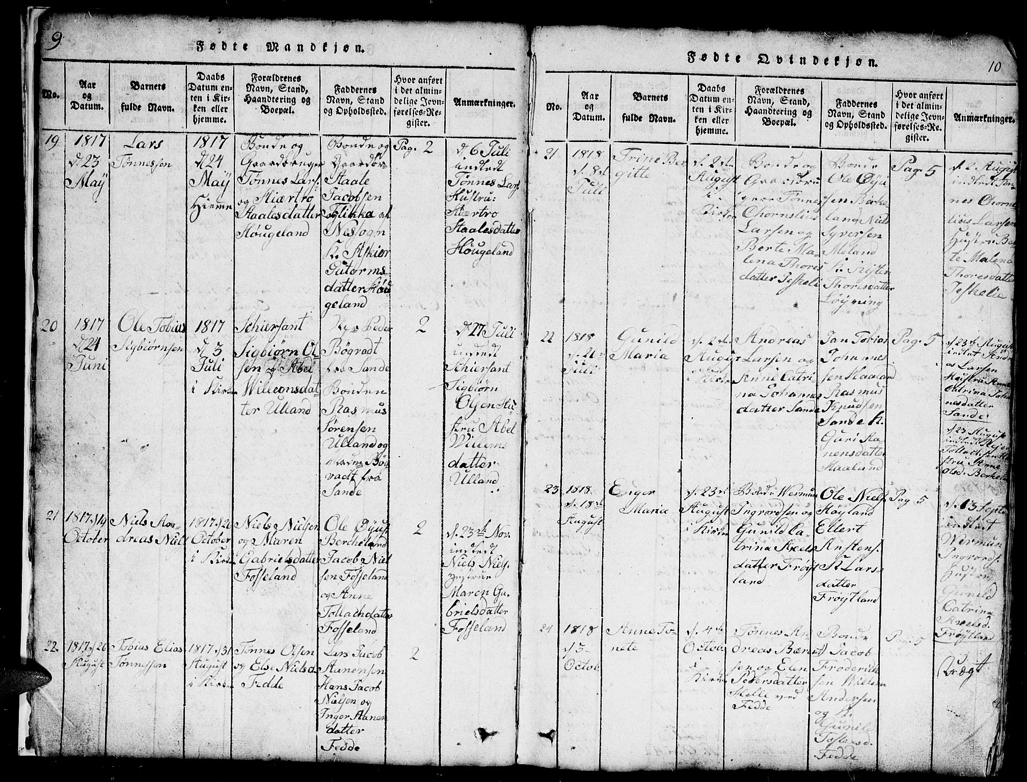 Kvinesdal sokneprestkontor, SAK/1111-0026/F/Fb/Fba/L0001: Parish register (copy) no. B 1, 1815-1839, p. 9-10