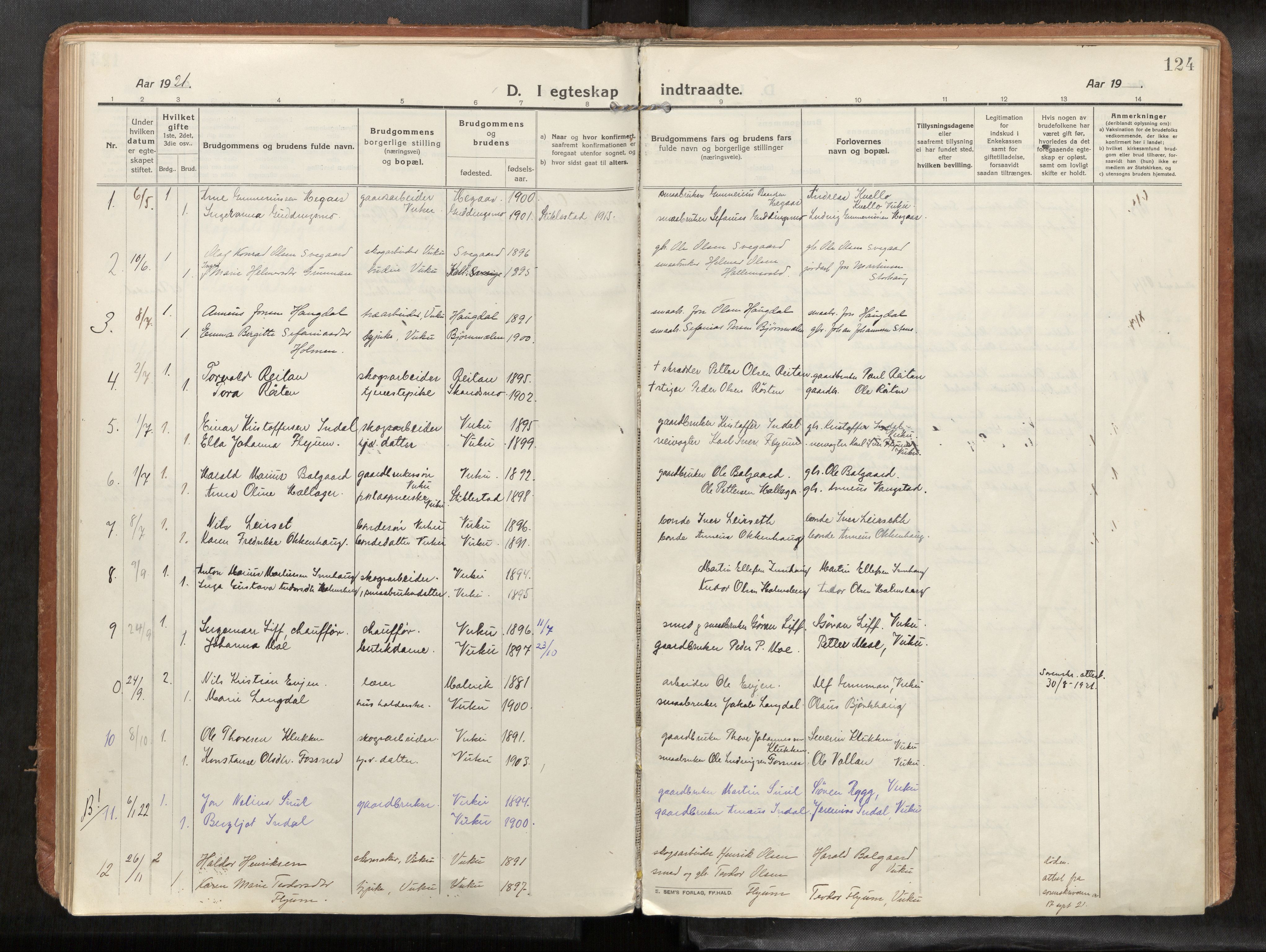 Verdal sokneprestkontor, SAT/A-1156/2/H/Haa/L0004: Parish register (official) no. 4, 1916-1928, p. 124