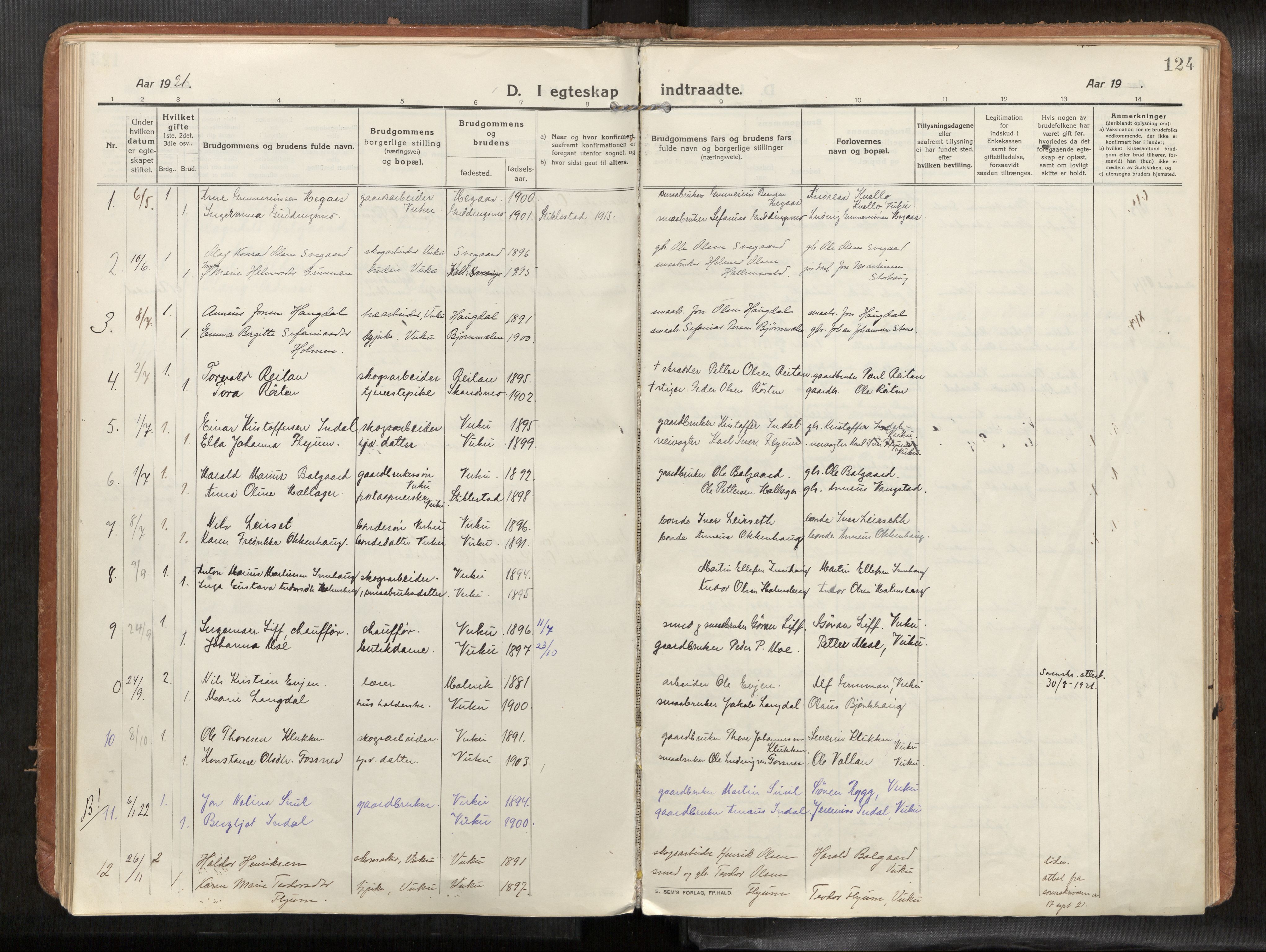 Verdal sokneprestkontor, AV/SAT-A-1156/2/H/Haa/L0004: Parish register (official) no. 4, 1916-1928, p. 124