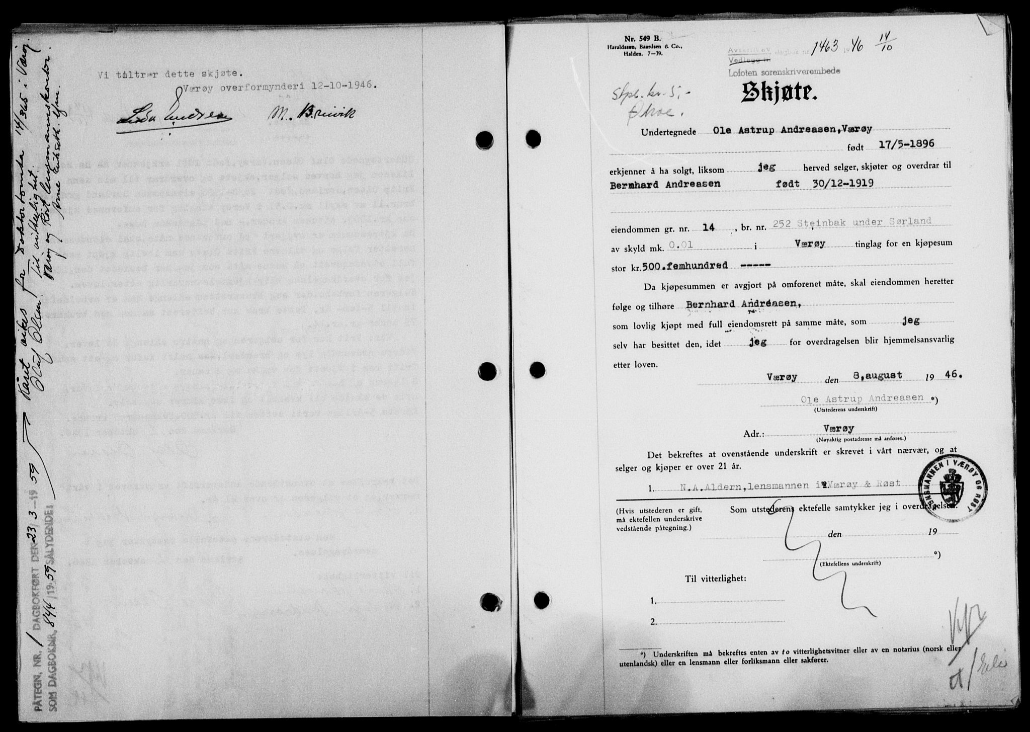 Lofoten sorenskriveri, SAT/A-0017/1/2/2C/L0014a: Mortgage book no. 14a, 1946-1946, Diary no: : 1463/1946