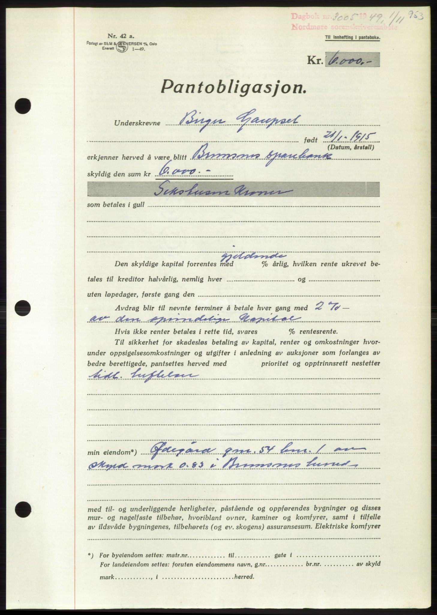 Nordmøre sorenskriveri, AV/SAT-A-4132/1/2/2Ca: Mortgage book no. B102, 1949-1949, Diary no: : 3005/1949