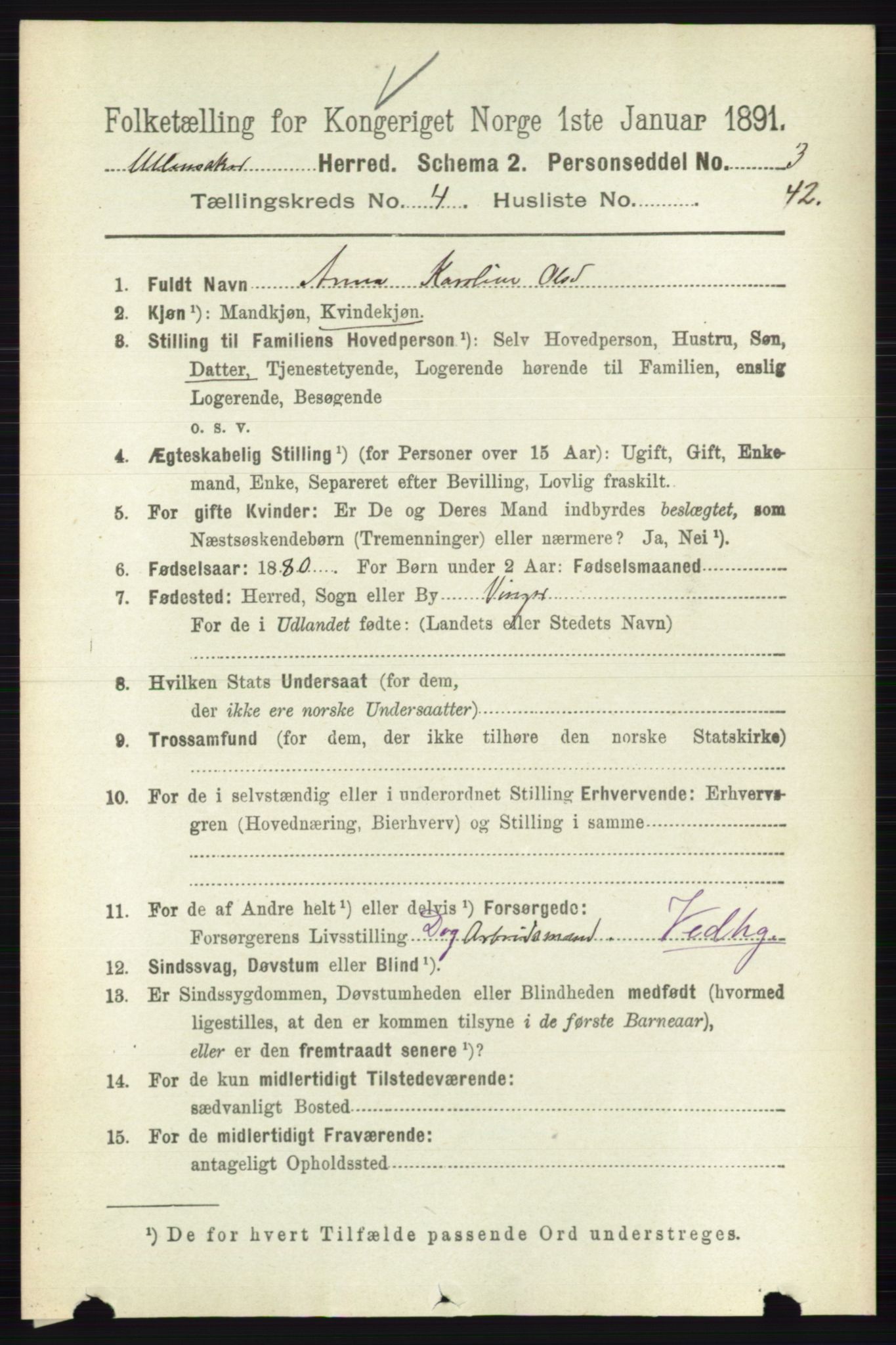 RA, 1891 census for 0235 Ullensaker, 1891, p. 1729