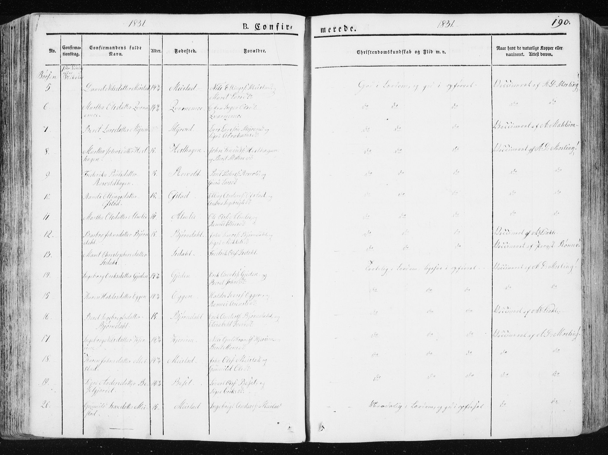 Ministerialprotokoller, klokkerbøker og fødselsregistre - Sør-Trøndelag, AV/SAT-A-1456/665/L0771: Parish register (official) no. 665A06, 1830-1856, p. 190