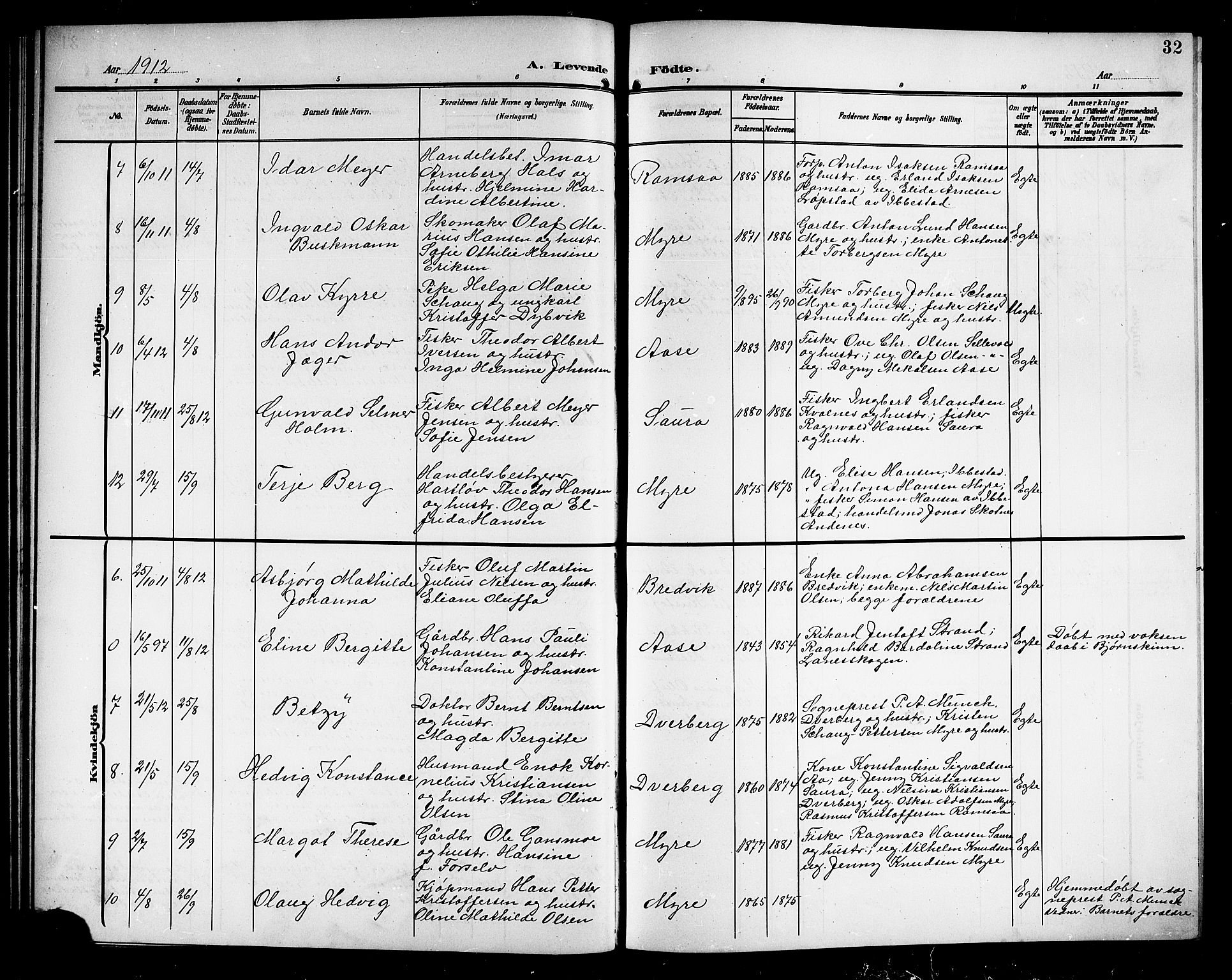 Ministerialprotokoller, klokkerbøker og fødselsregistre - Nordland, AV/SAT-A-1459/897/L1414: Parish register (copy) no. 897C04, 1904-1915, p. 32