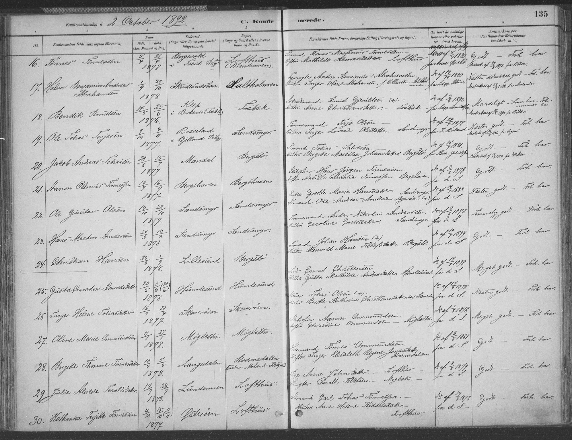 Vestre Moland sokneprestkontor, AV/SAK-1111-0046/F/Fa/Fab/L0009: Parish register (official) no. A 9, 1884-1899, p. 135