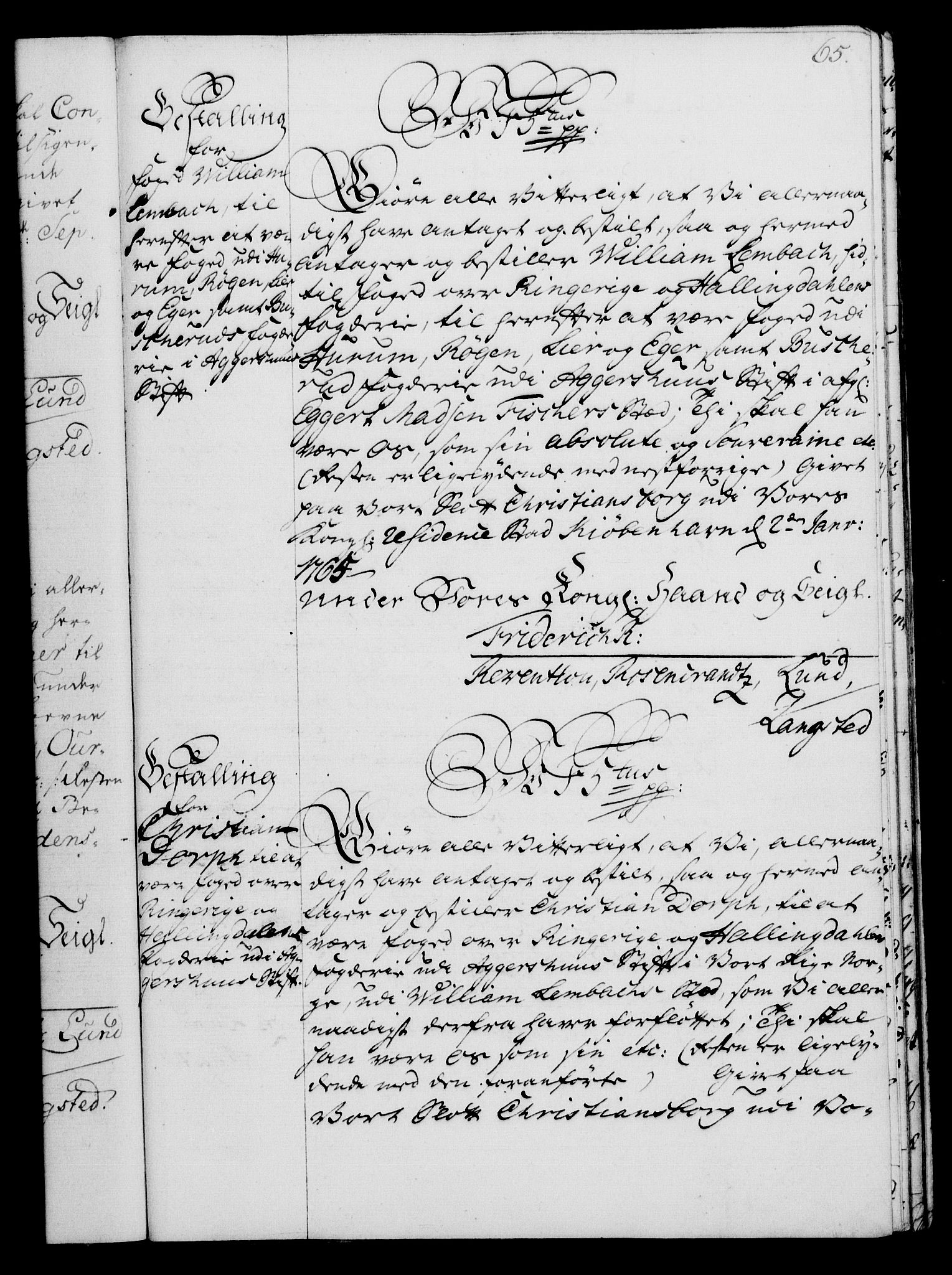 Rentekammeret, Kammerkanselliet, RA/EA-3111/G/Gg/Gge/L0004: Norsk bestallingsprotokoll med register (merket RK 53.28), 1762-1771, p. 65