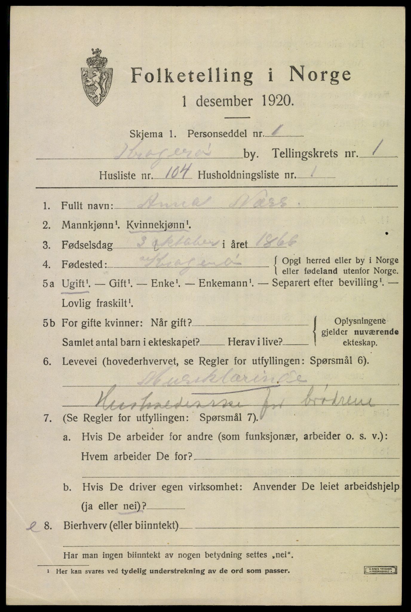 SAKO, 1920 census for Kragerø, 1920, p. 5295