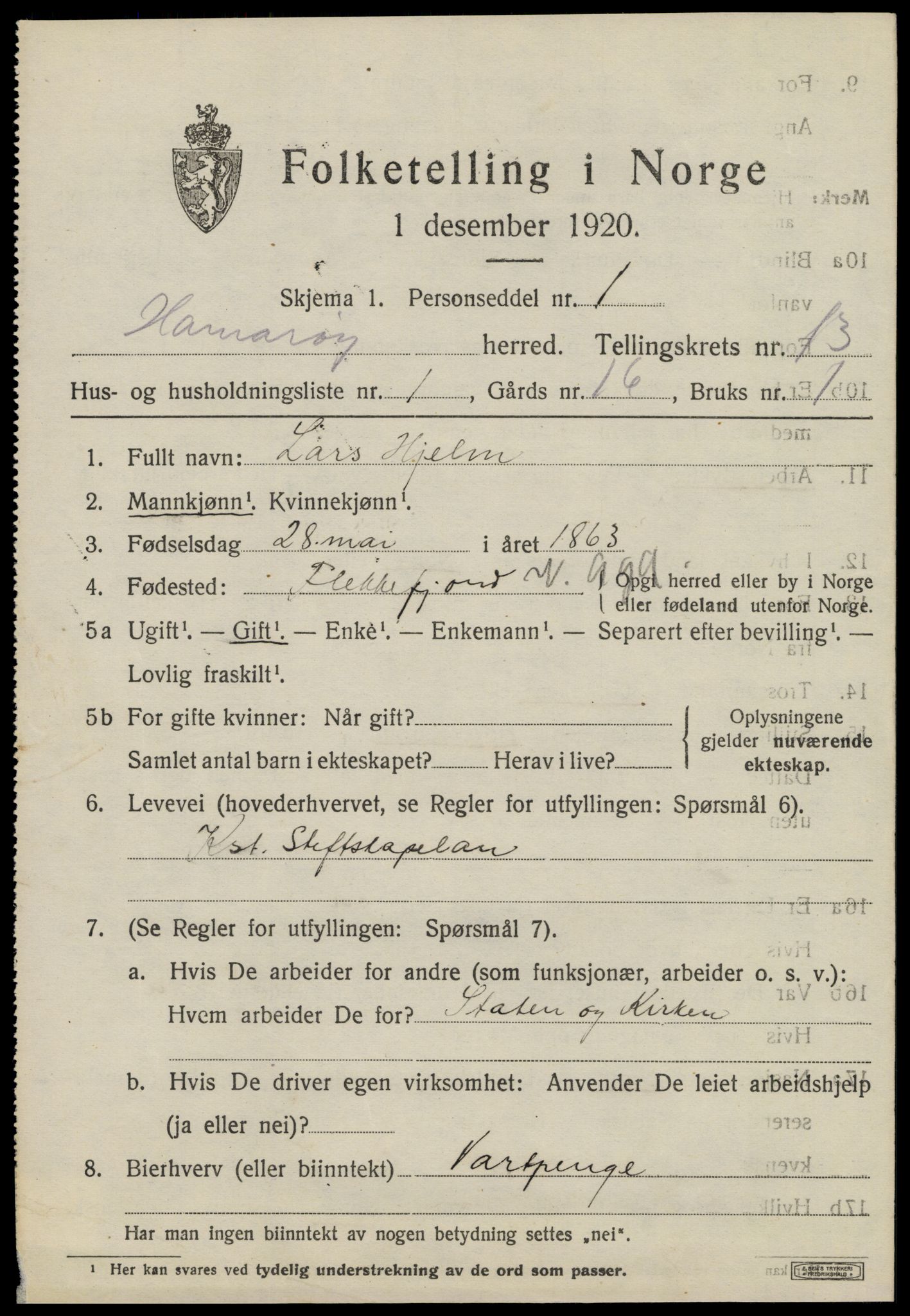 SAT, 1920 census for Hamarøy, 1920, p. 6088