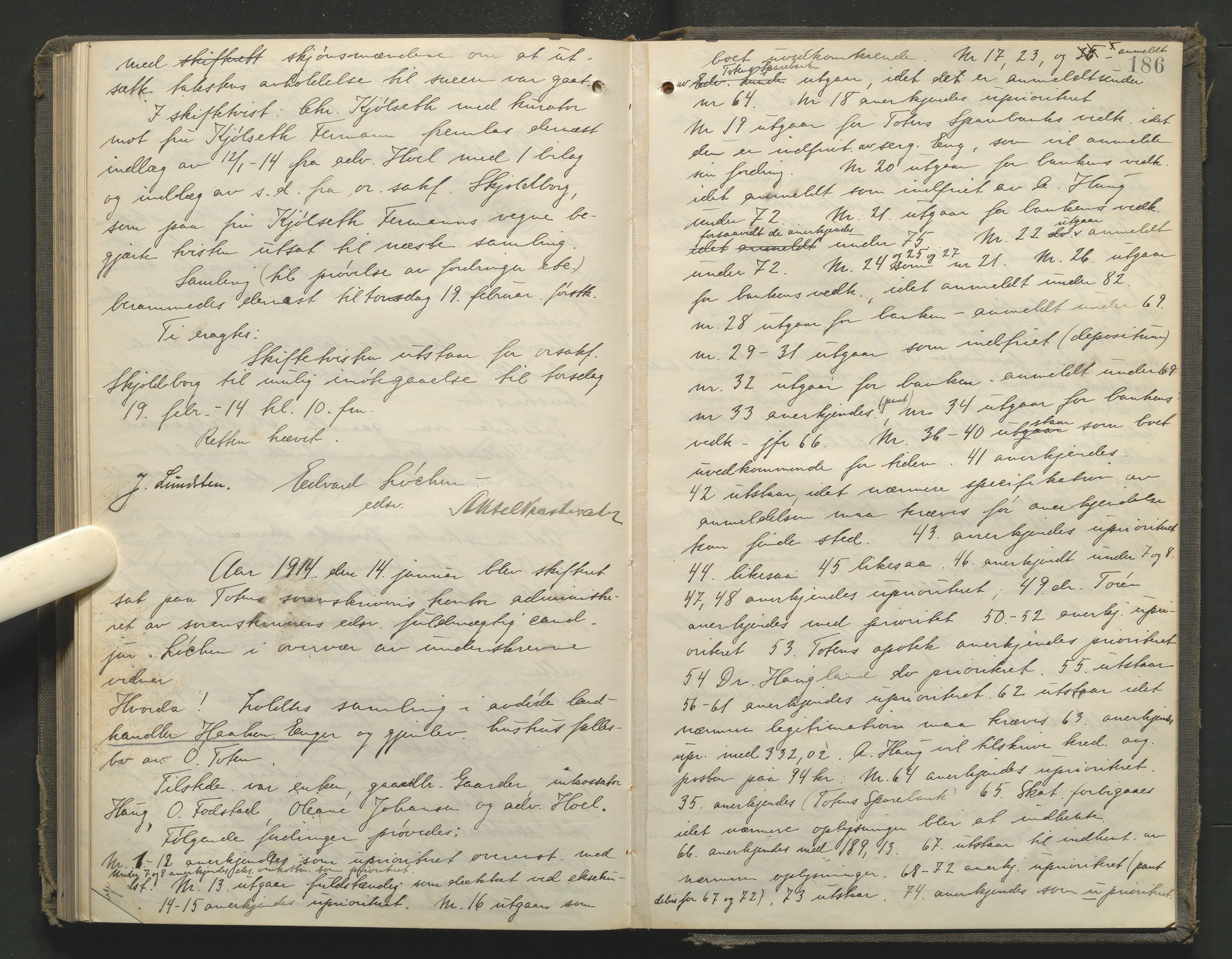 Toten tingrett, AV/SAH-TING-006/J/Je/L0010: Skiftebehandlingsprotokoll - Østre Toten, 1906-1914, p. 186