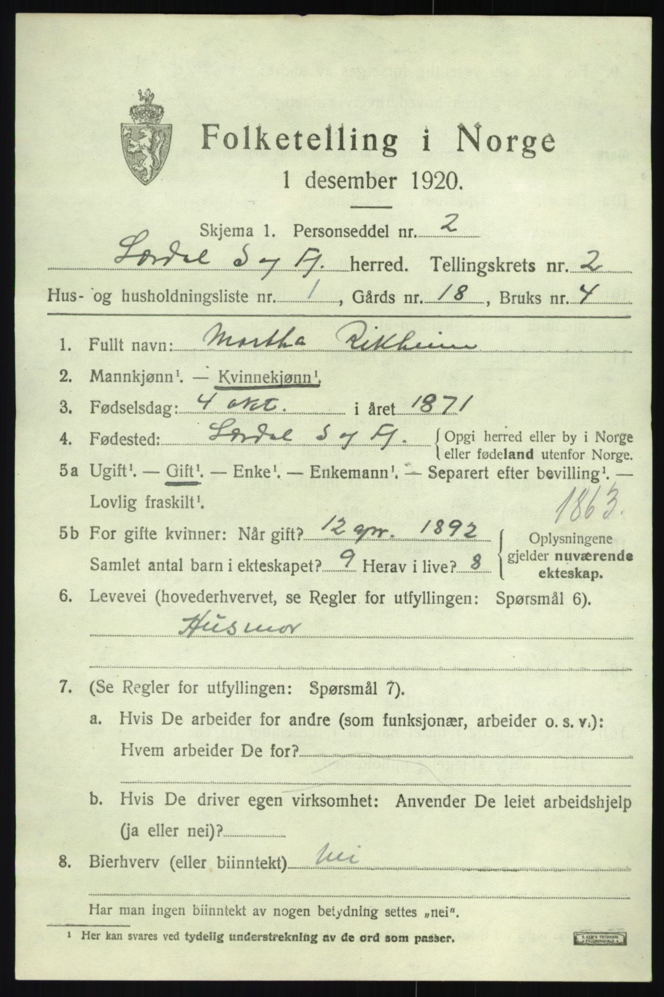 SAB, 1920 census for Lærdal, 1920, p. 1244