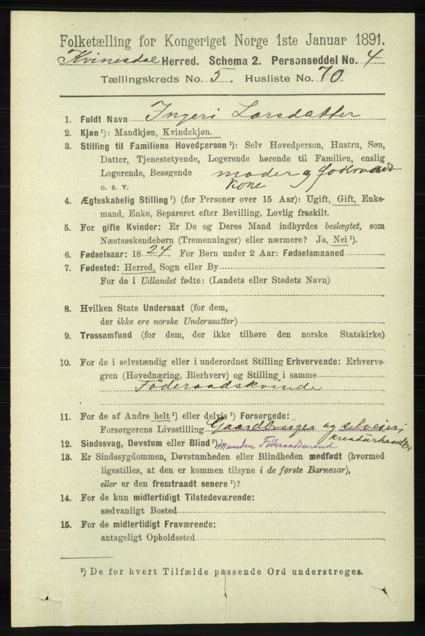 RA, 1891 census for 1037 Kvinesdal, 1891, p. 2045